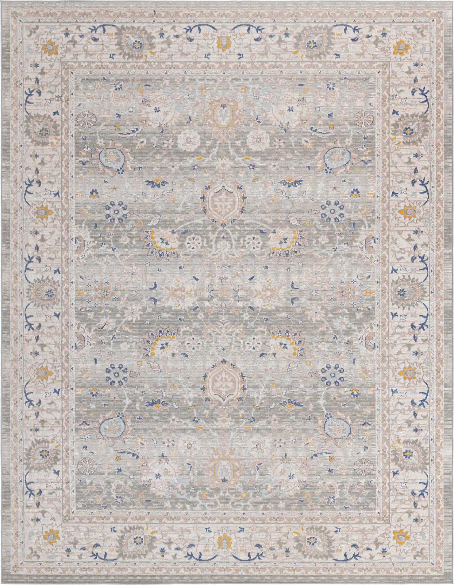 A 9x12 rectangular gray area rug with a traditional botanical and floral pattern in muted grays, silvers, blues, and yellows, featuring an intricate border.