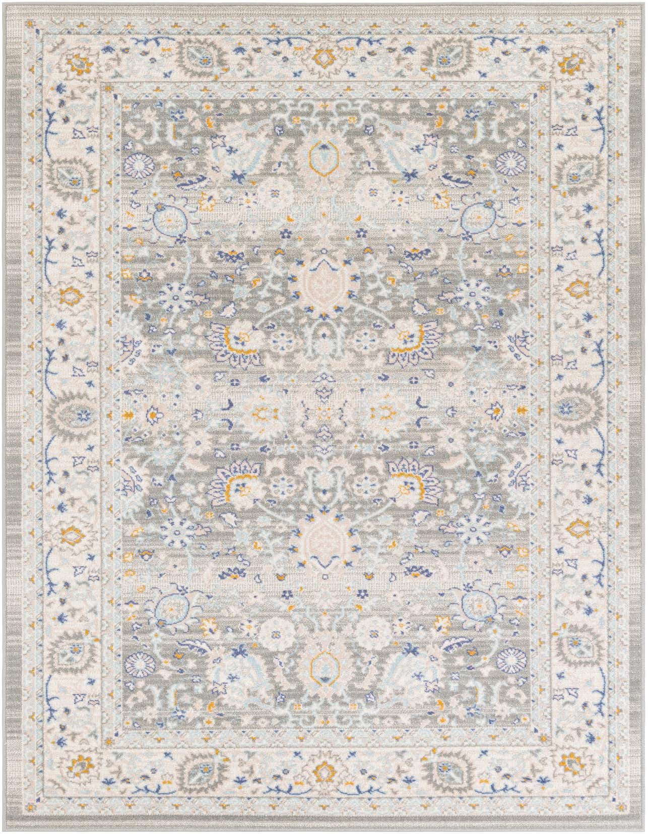 A 5x8 rectangular Whitney rug with a gray background and a traditional botanical pattern in light blue, gold, and cream.