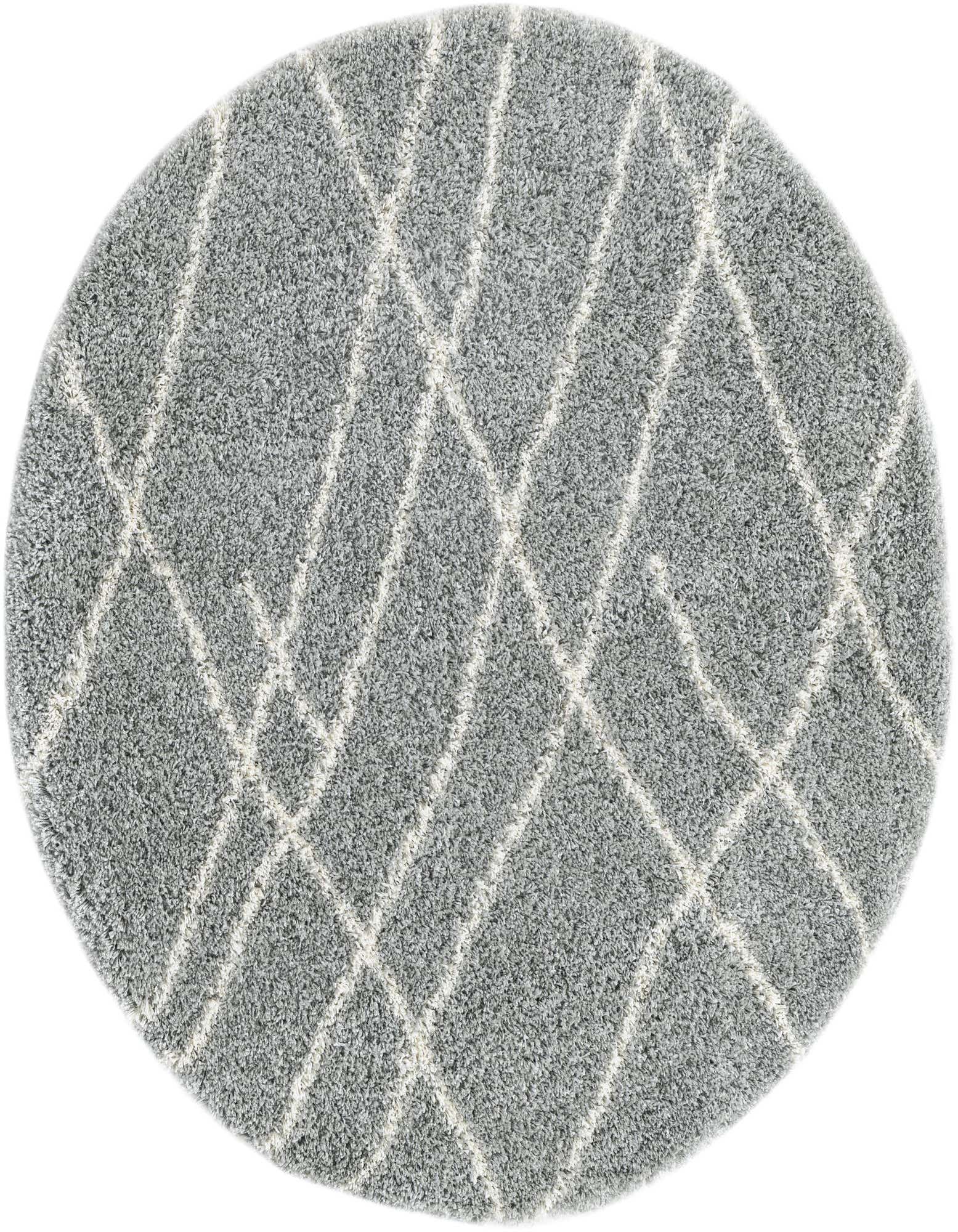 A 5' 3 round gray shag rug with an abstract white diamond pattern, suitable for modern indoor spaces.