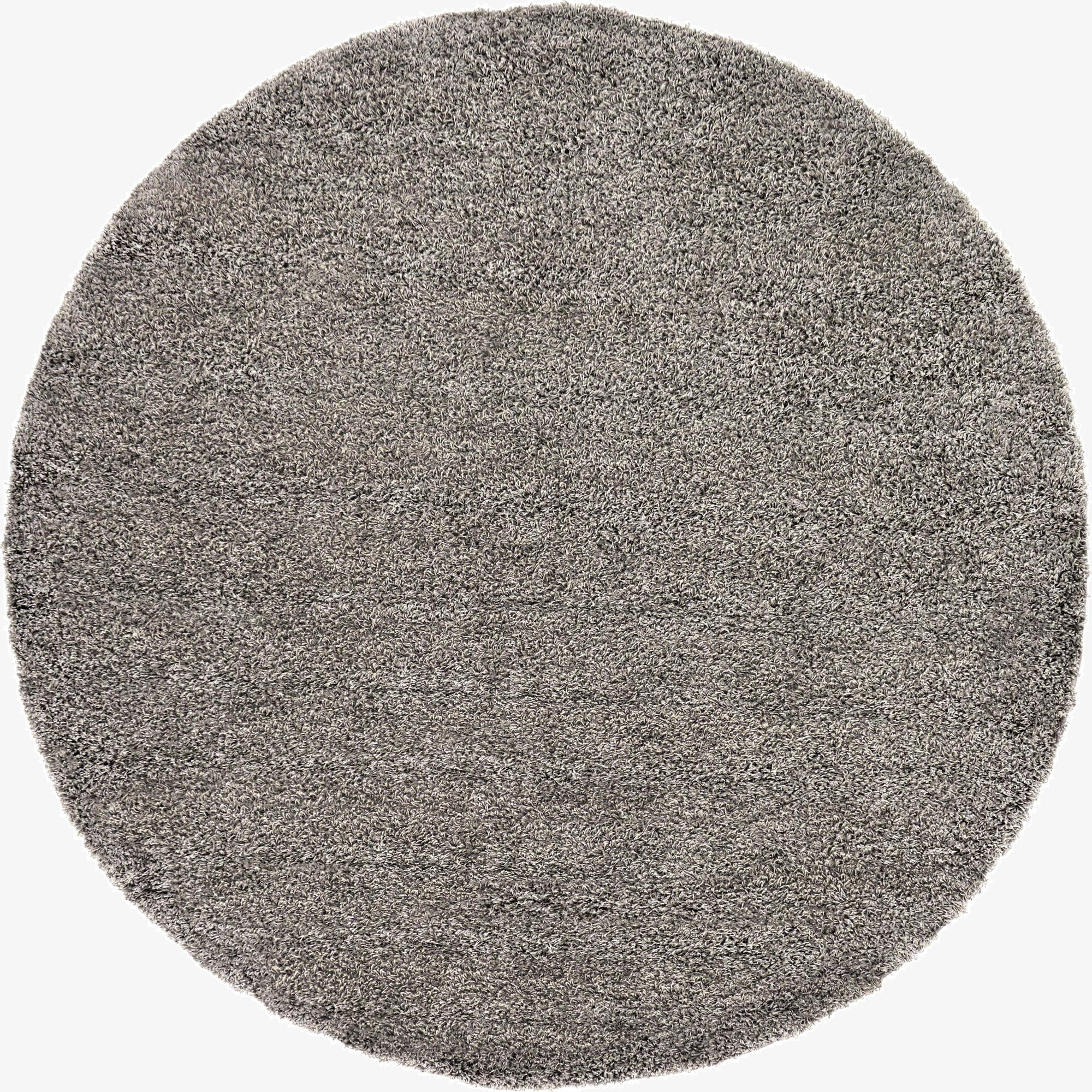 A 7' 10 round gray shag rug with a plush, textured pile, suitable for a modern indoor space.