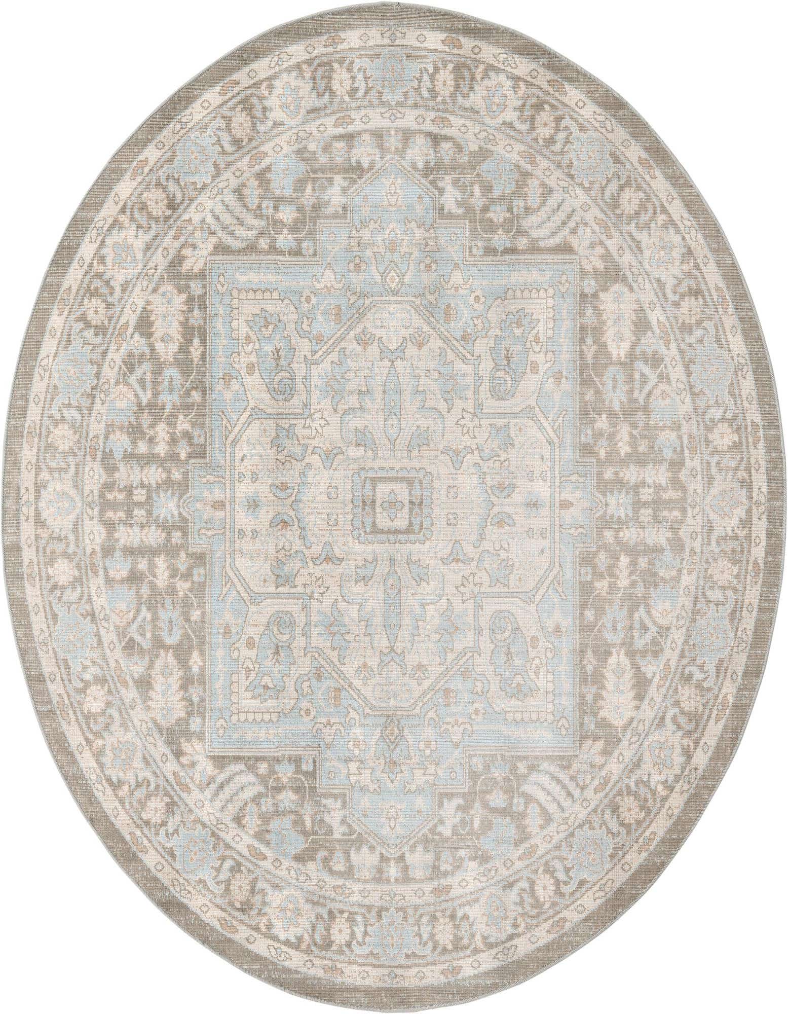 A 7' round gray and light blue medallion rug with a vintage farmhouse pattern, ideal for an indoor living space.