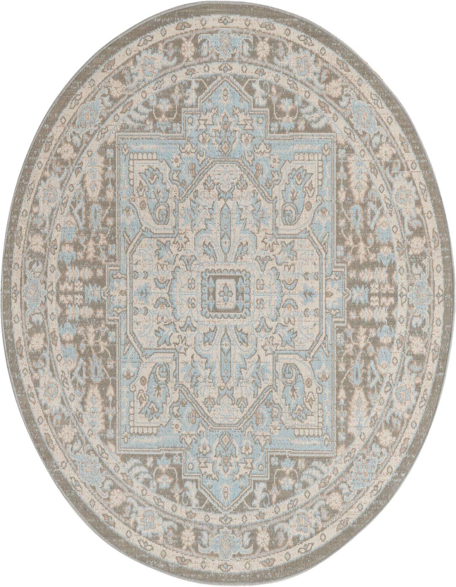 A 5' 3 round gray and light blue farmhouse medallion rug with a vintage-inspired flatweave pattern.