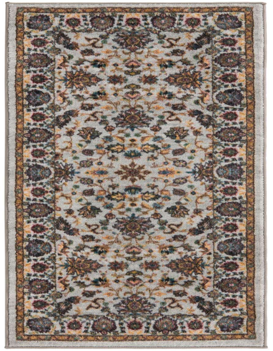 A 5 ft runner rug from the Medina collection, featuring a traditional floral pattern in grays, silvers, and multi-colored accents.