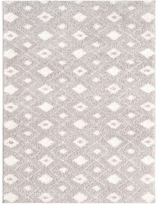 A 10 ft runner rug in shades of gray and silver with a modern diamond pattern and textured pile.
