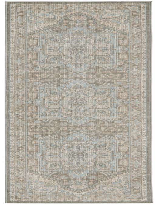 A gray and light blue vintage medallion runner rug with a flatweave texture, perfect for a hallway or kitchen.