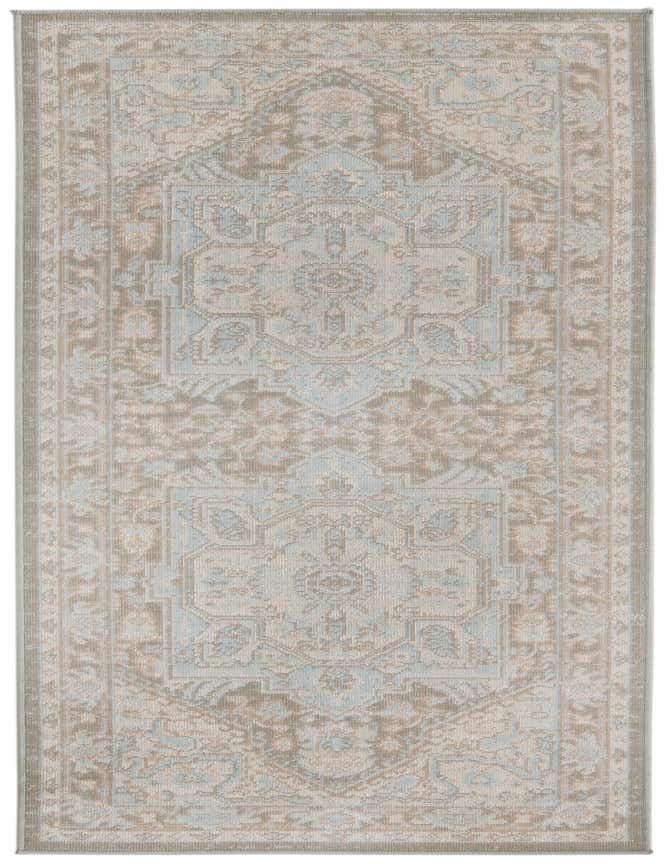 A 6 ft runner rug with a faded gray and light blue medallion pattern, ideal for a hallway or kitchen.