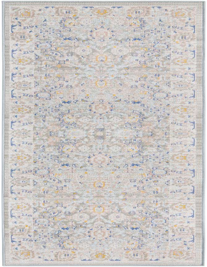 A 6 ft runner rug with a faded traditional botanical pattern in grays, silvers, blues, and yellows, ideal for a hallway or kitchen.
