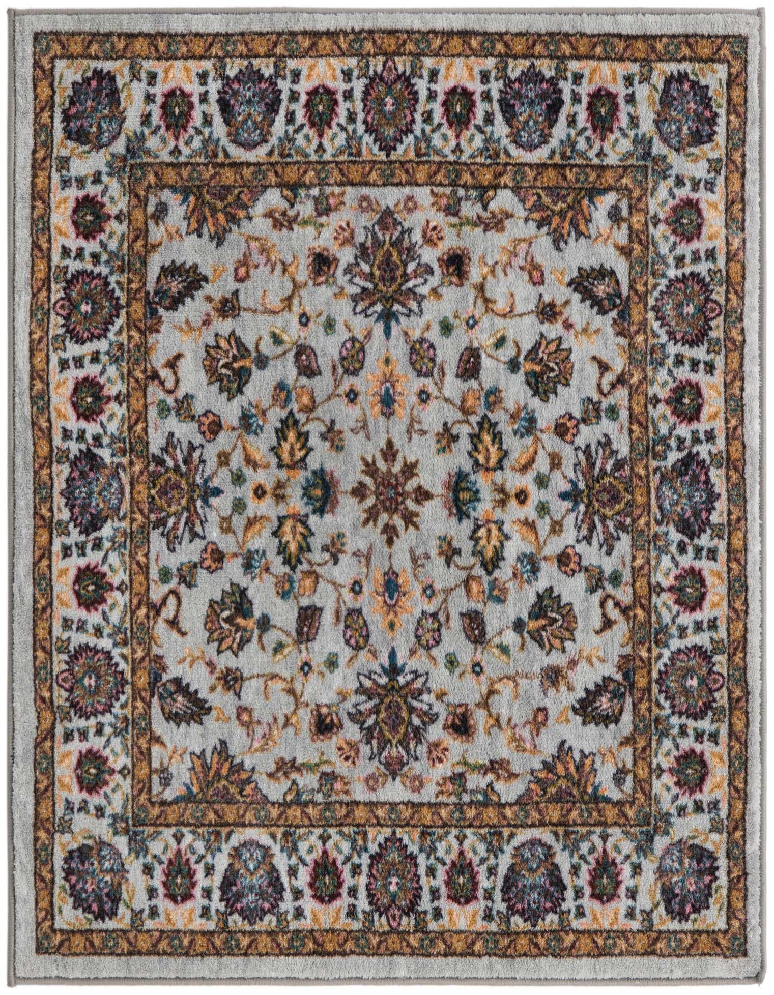 A 3' 3 x 3' 3 square gray traditional rug with a detailed floral and vine pattern in warm gold, blue, and maroon.