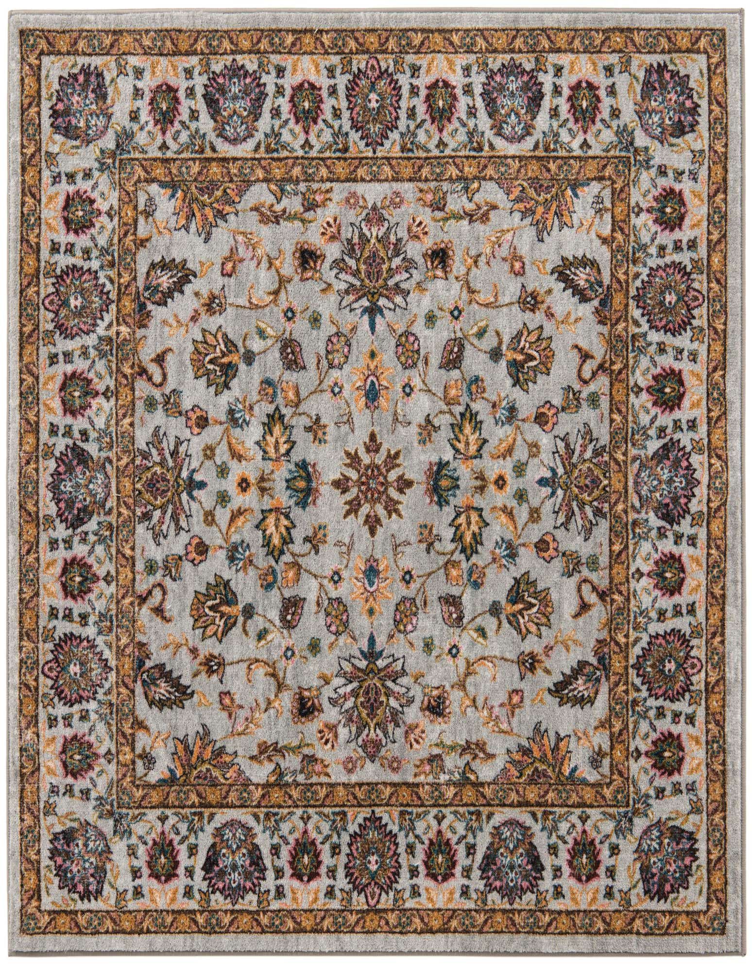 A 5' 3 x 5' 3 square gray area rug with a traditional floral and oriental pattern in shades of orange, blue, and pink.