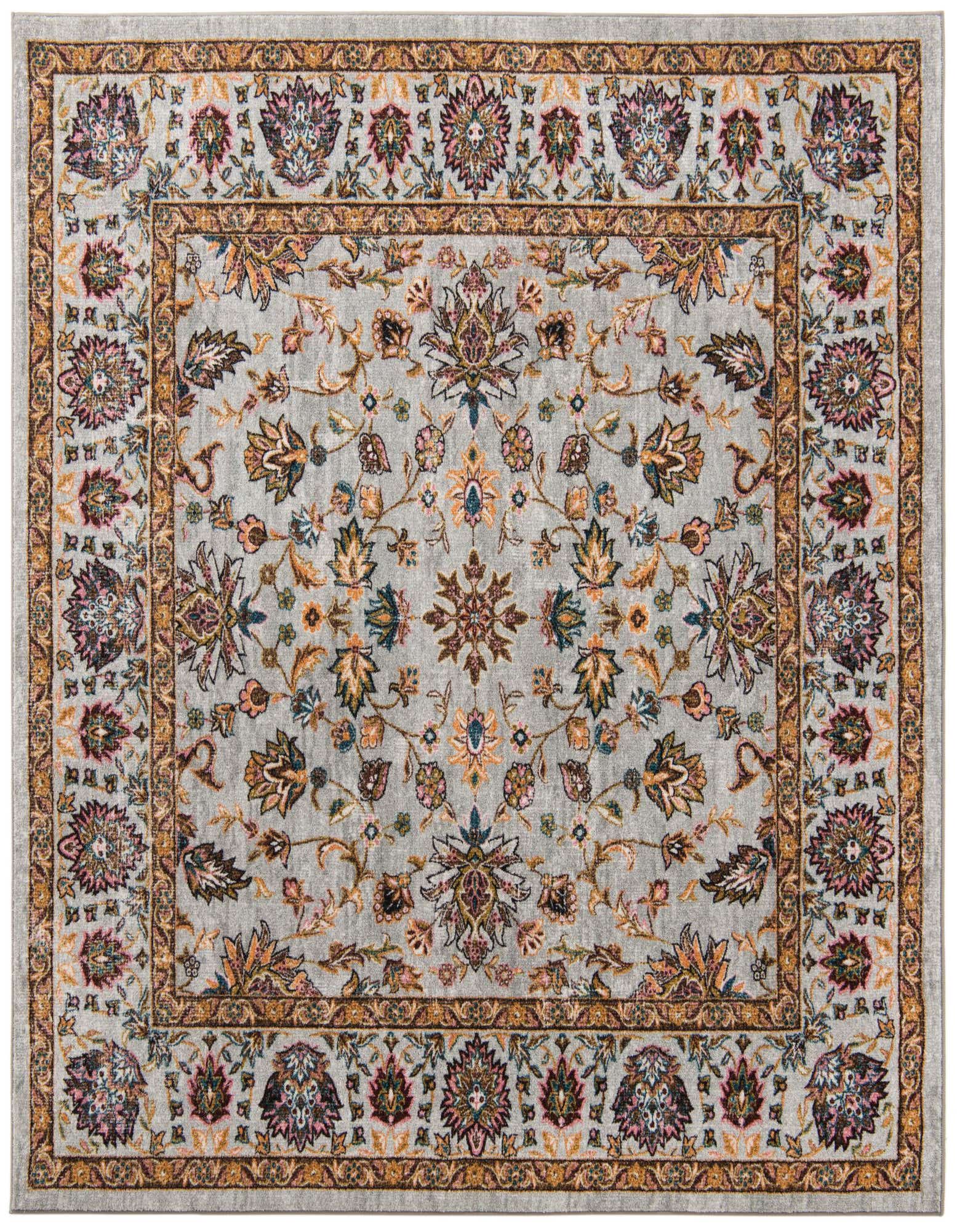 A square 7'10" x 7'10" Medina Collection rug in gray with a detailed traditional floral and oriental pattern.