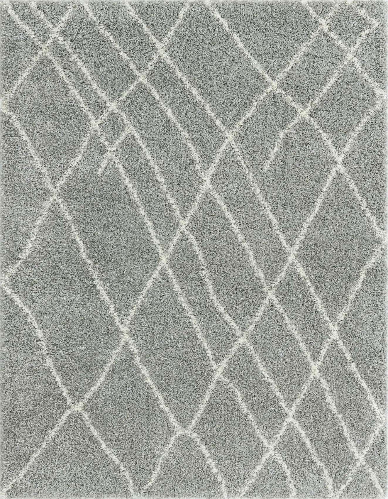 A soft gray shag rug with a subtle white diamond lattice pattern, perfect for adding texture to any indoor space.