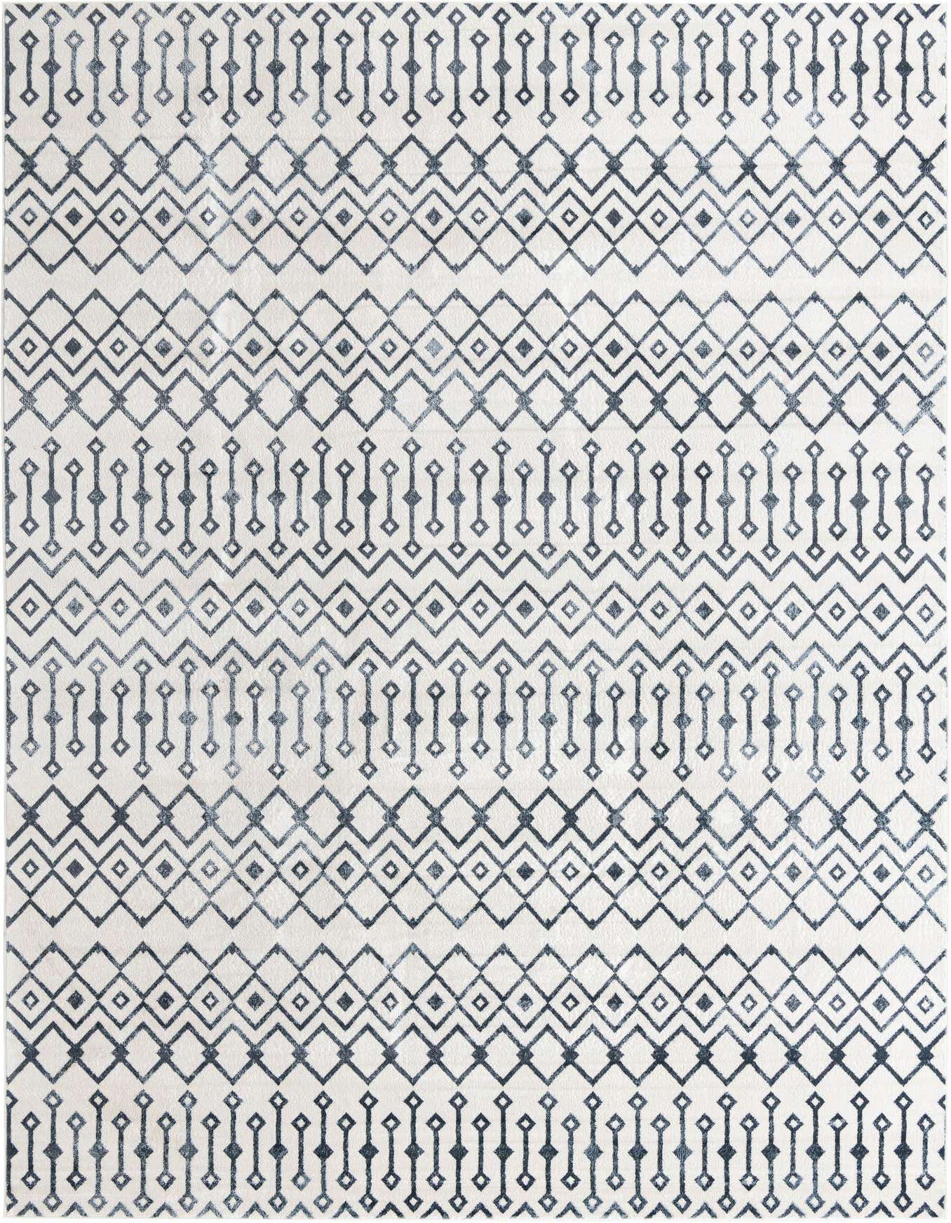 A 10x14 rectangular Rugs.com Bohemian Trellis rug with a faded blue tribal geometric pattern on an ivory background.