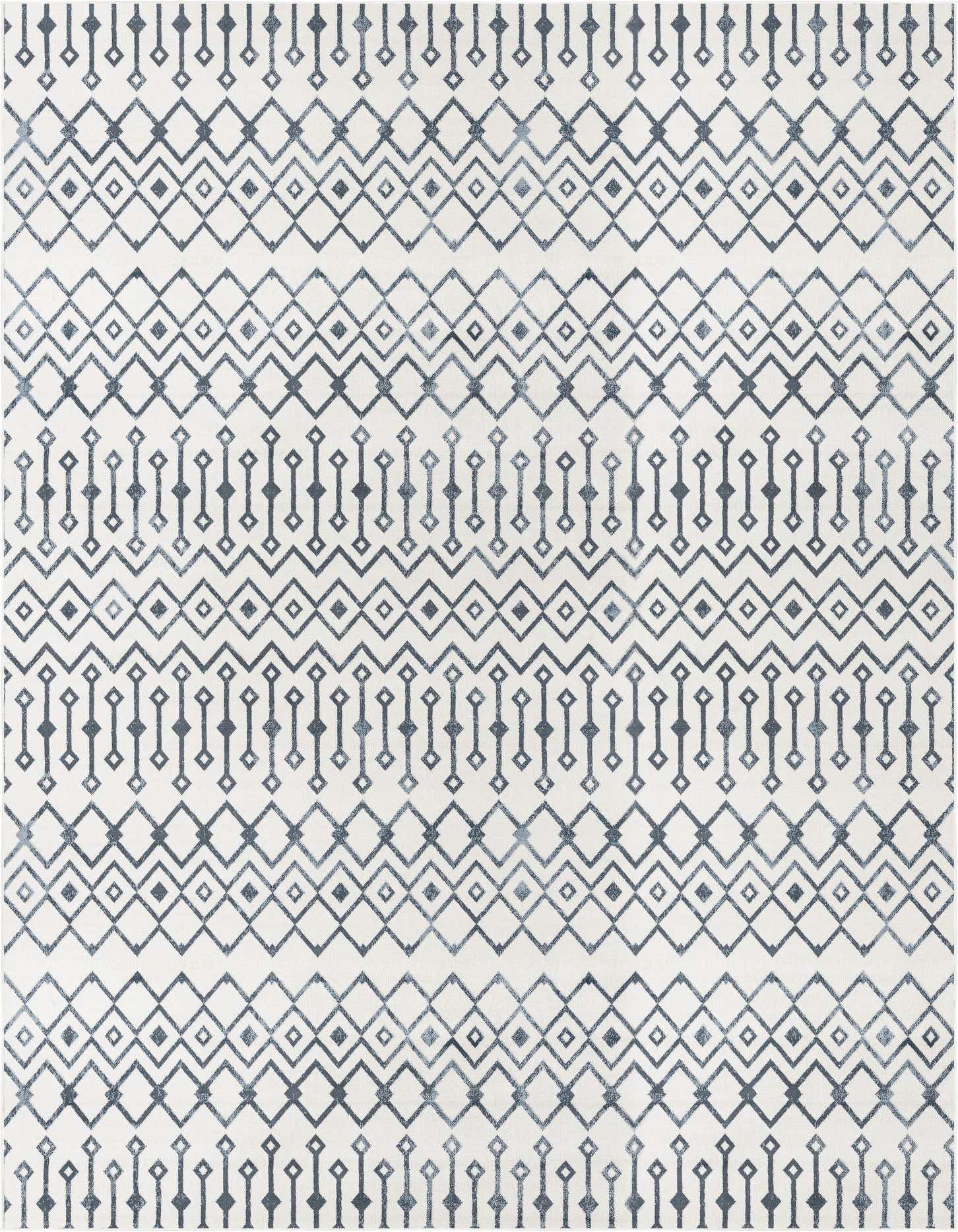 A 10x13 rectangular blue and ivory Bohemian Trellis rug with a geometric tribal pattern, perfect for a living room.