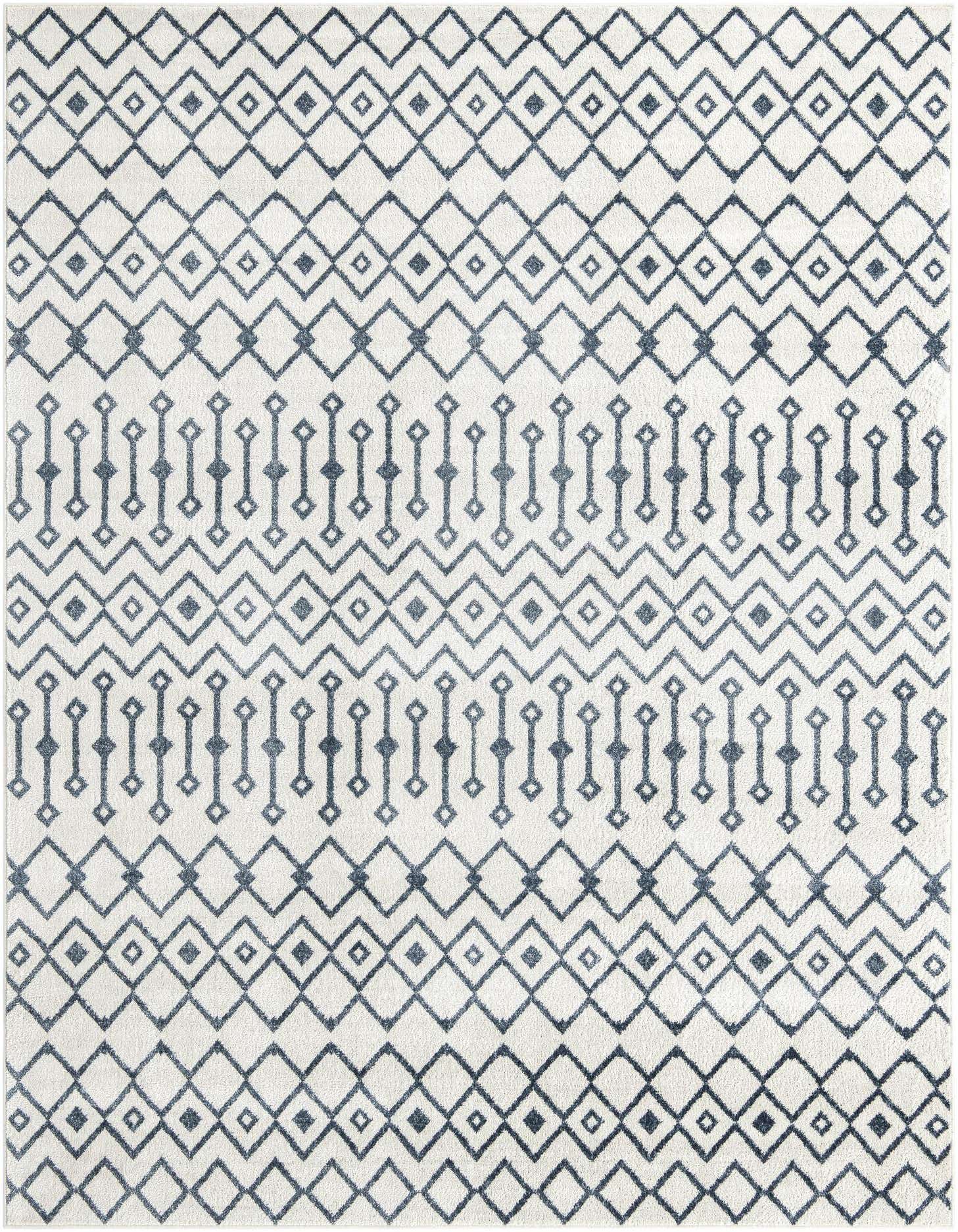 A rectangular 8x11 Rugs.com Bohemian Trellis rug featuring a white background with repeating blue tribal and trellis patterns.