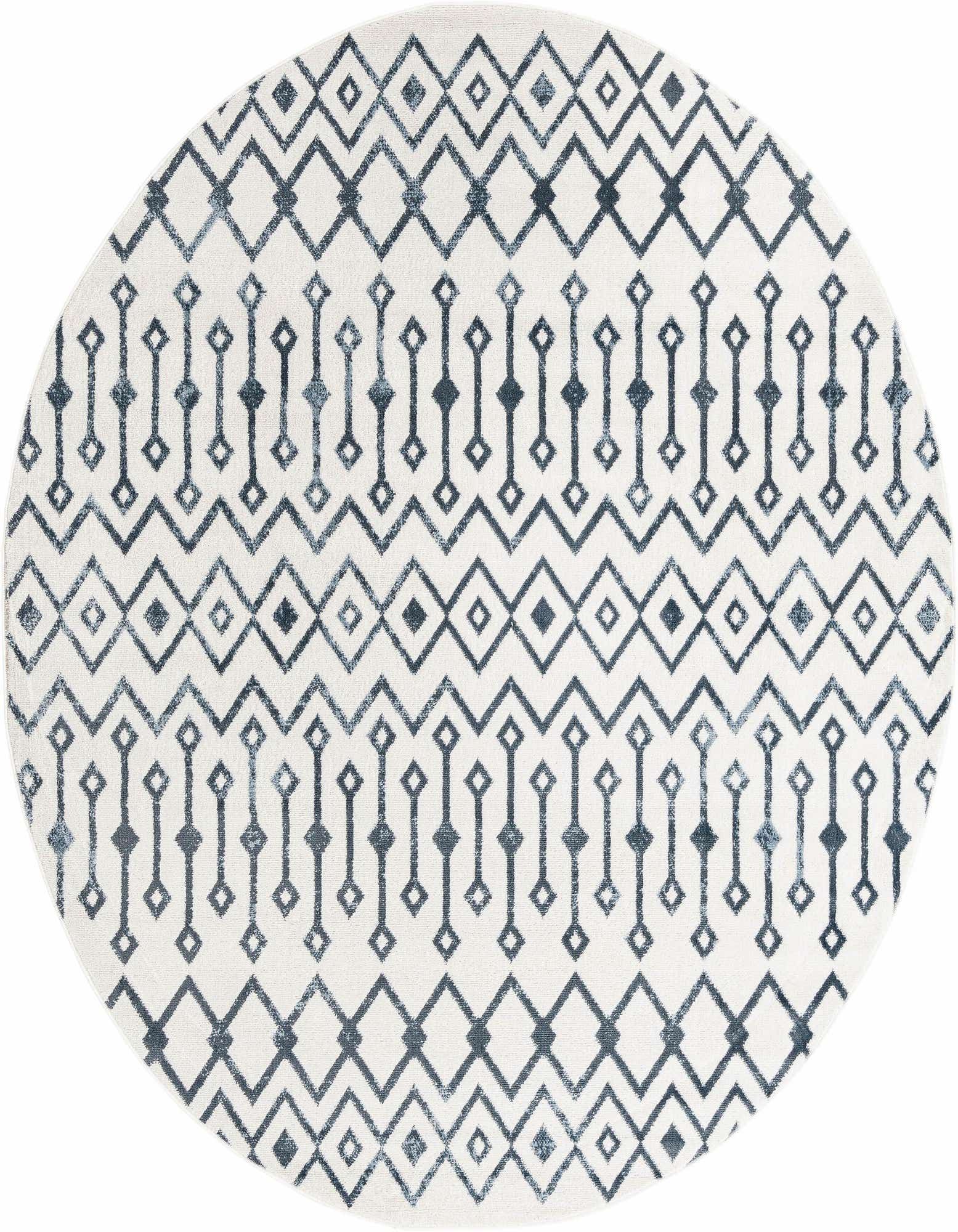 A round 7' 0 x 7' 0 area rug with a bohemian trellis pattern in shades of blue and ivory.