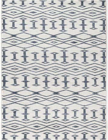 A 14 ft runner rug in shades of blue and ivory, featuring a modern tribal trellis pattern, ideal for hallways.