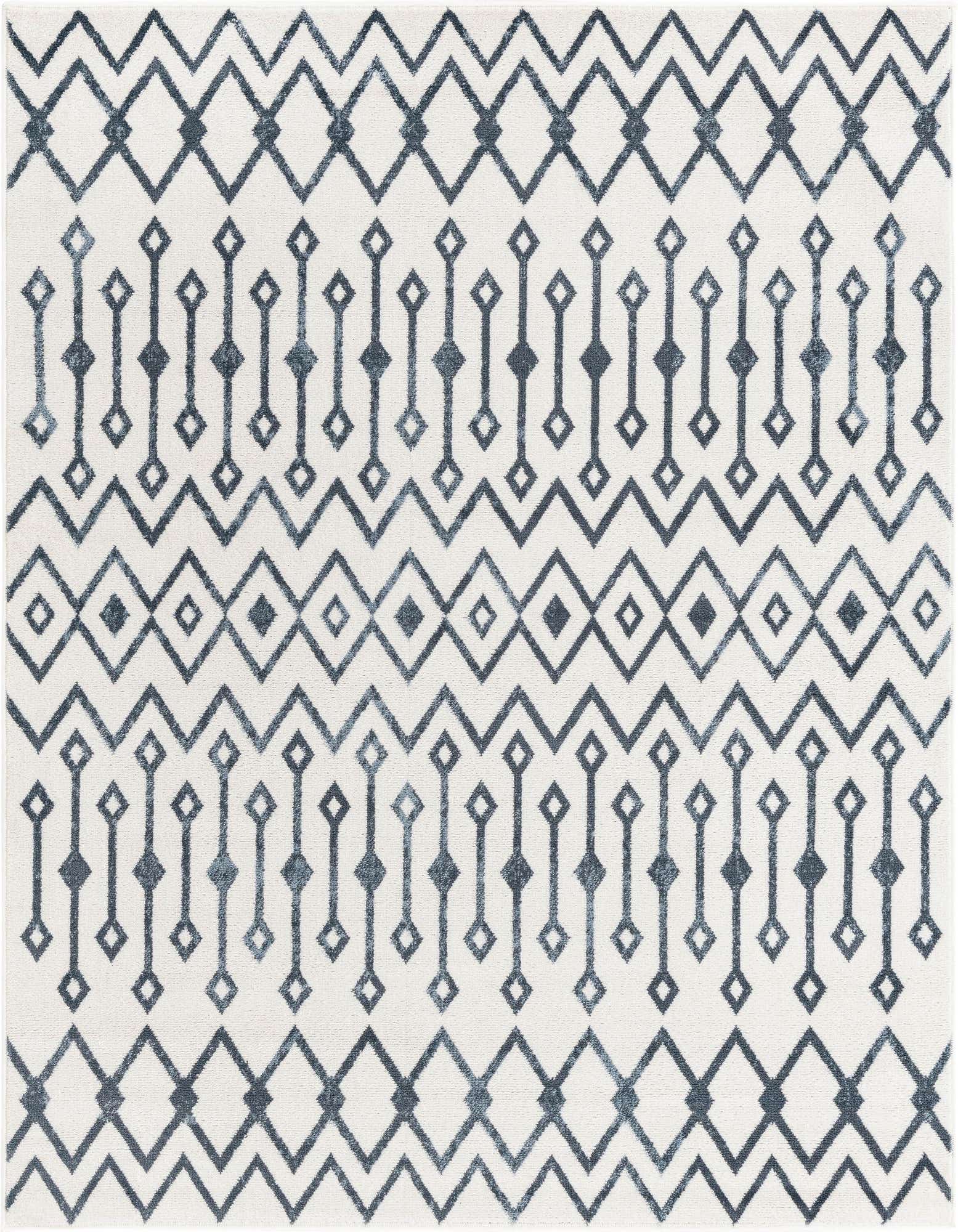 A 6x6 square rug featuring a bohemian trellis pattern in varying shades of blue and ivory, perfect for a modern living space.