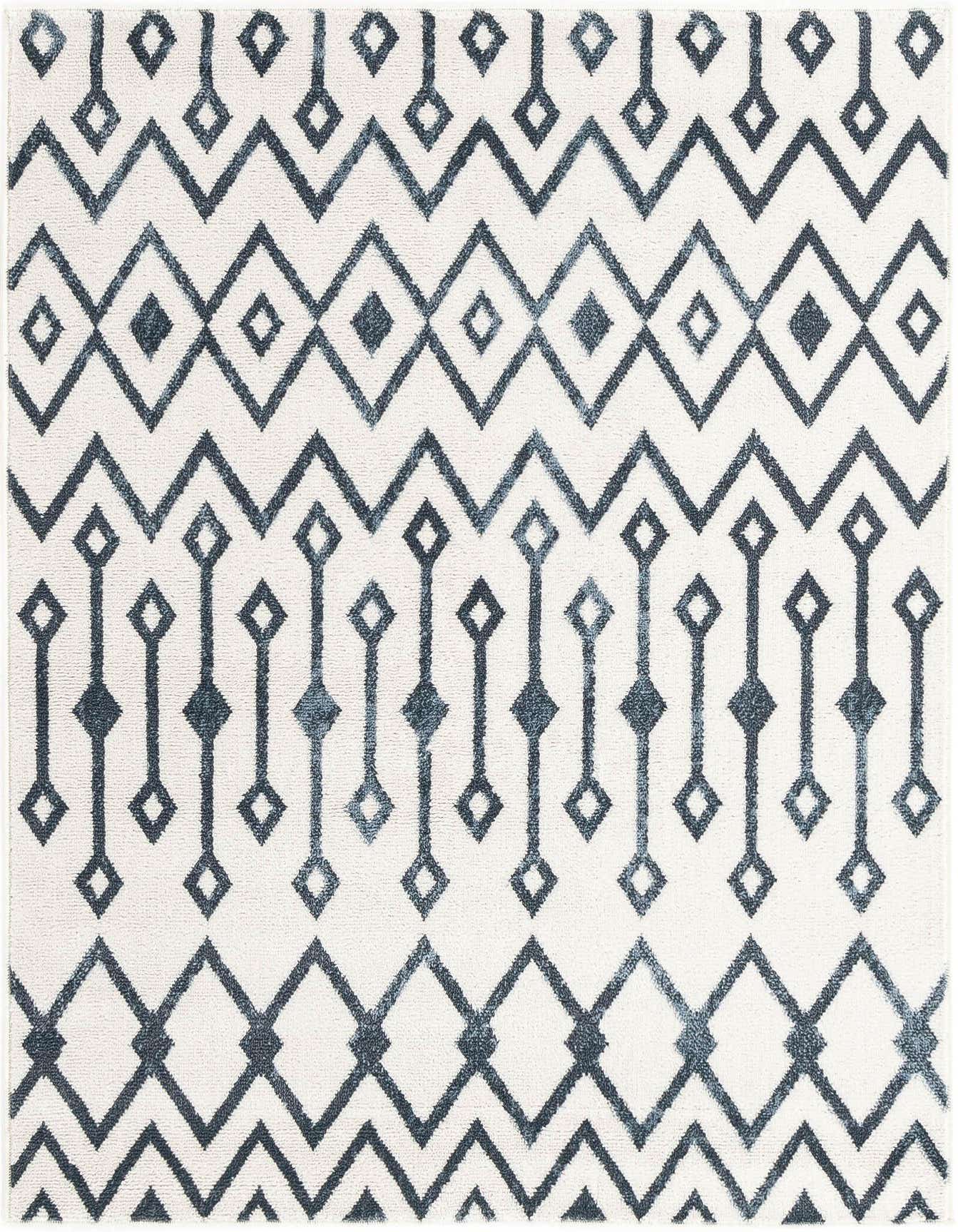 A 4x4 square rug featuring a blue and ivory bohemian trellis pattern with geometric diamonds and zigzags.