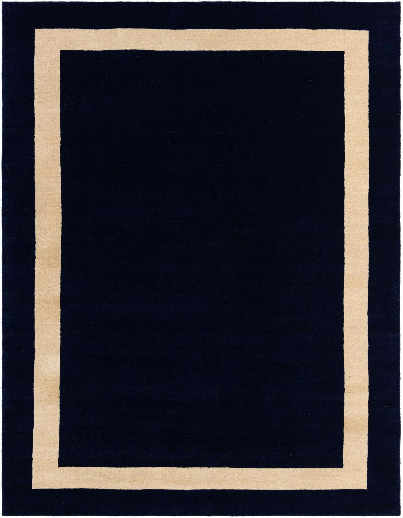 A 5x8 rectangular cobalt blue modern wool rug with a thick beige border, suitable for a living room.