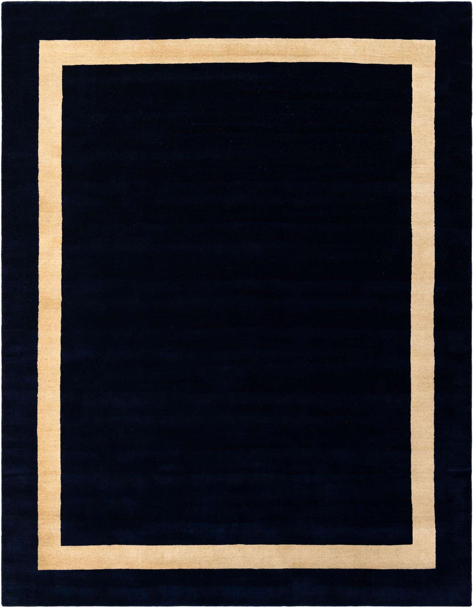 A rectangular 8x10 Jill Zarin Border Wool rug in deep cobalt blue with a clean, light beige border, suitable for a living room.