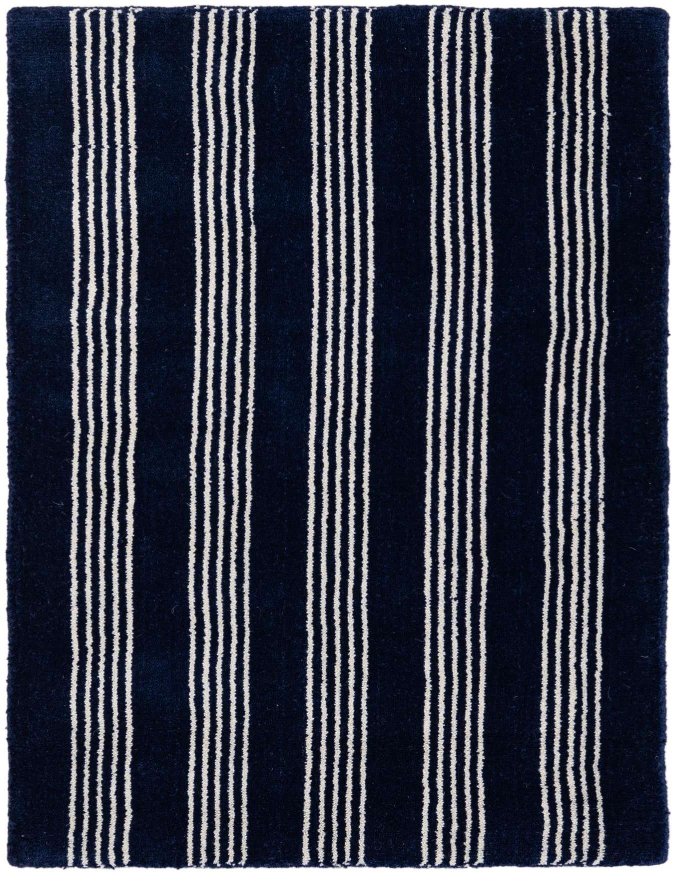 A 2x3 rectangular cobalt blue rug with a striped pattern of thin white lines, perfect for an entryway.