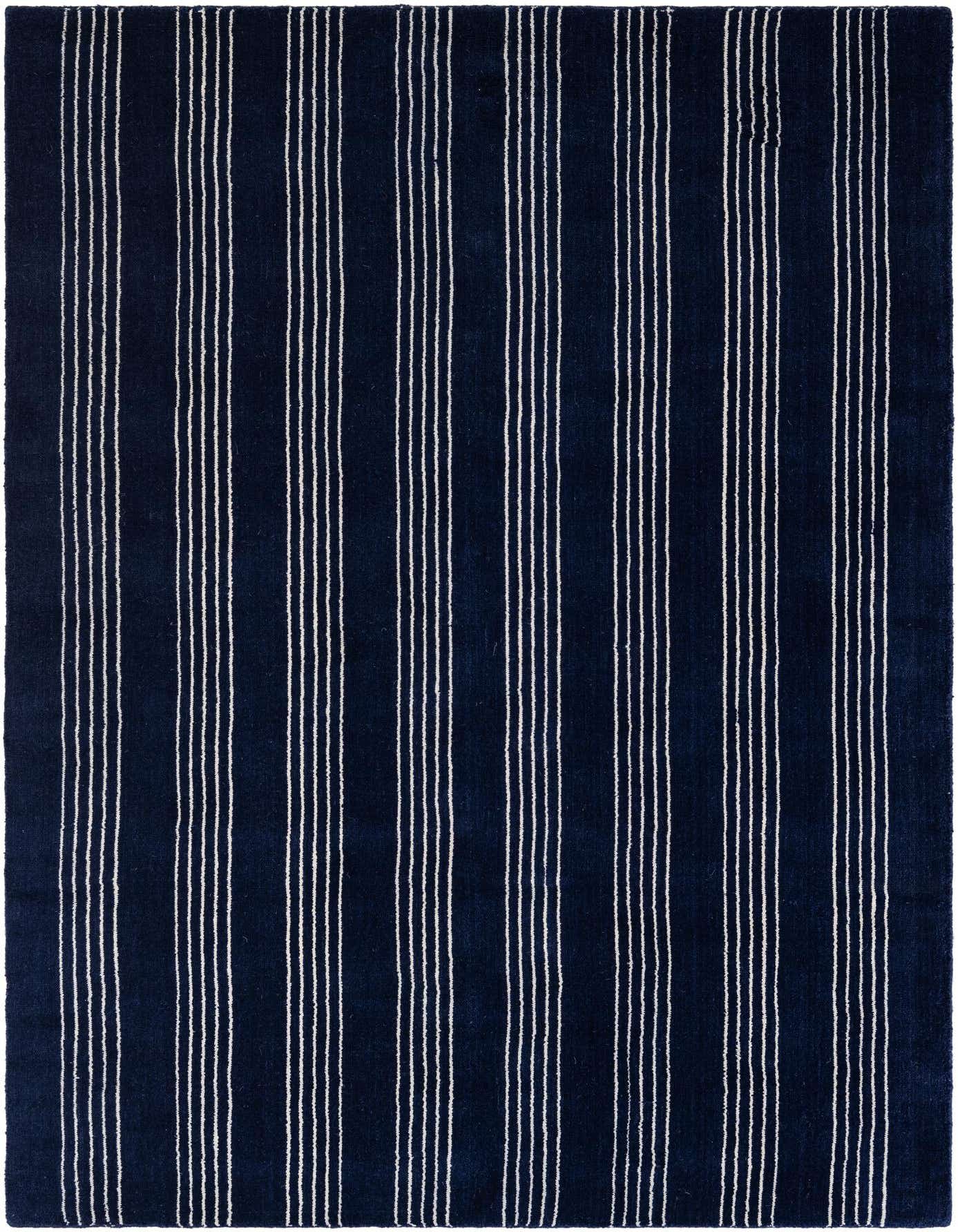 A 4x6 rectangular Jill Zarin Striped Wool rug in cobalt blue with thin white vertical stripes, suitable for various indoor rooms.