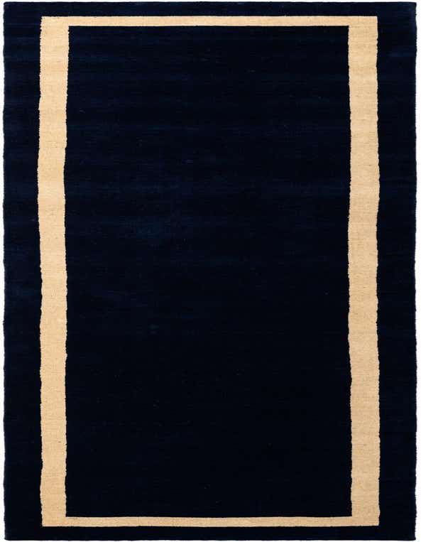 A 12 ft runner rug in deep cobalt blue with a clean, light beige border, perfect for a hallway.