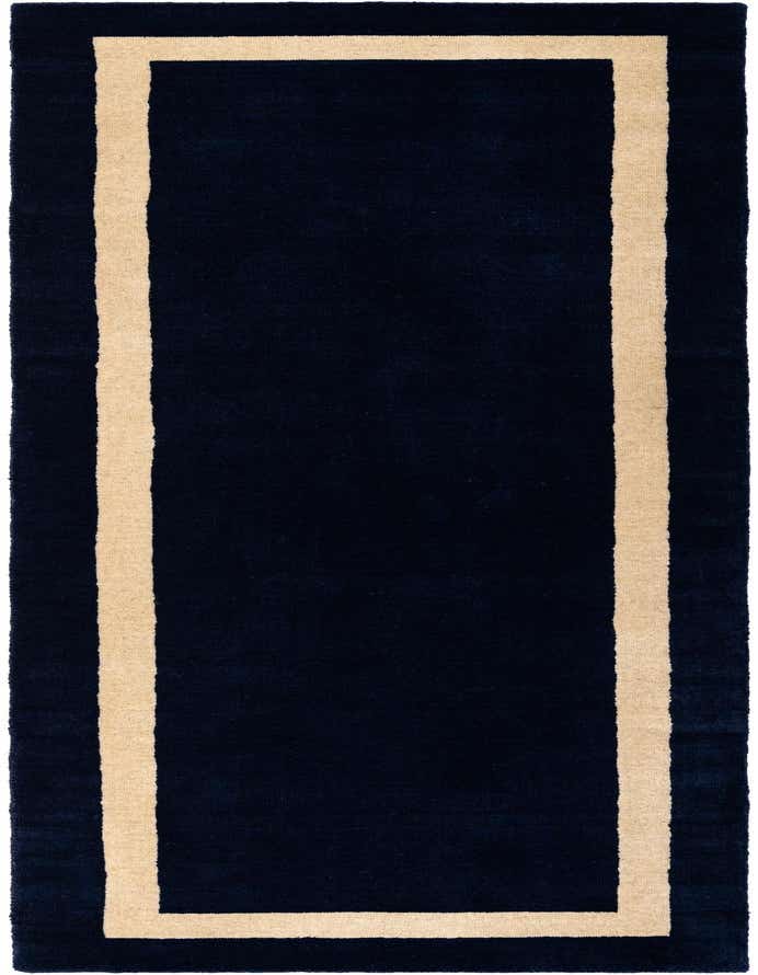 A handmade 8 ft runner rug in deep cobalt blue with a contrasting light beige border, ideal for a hallway.
