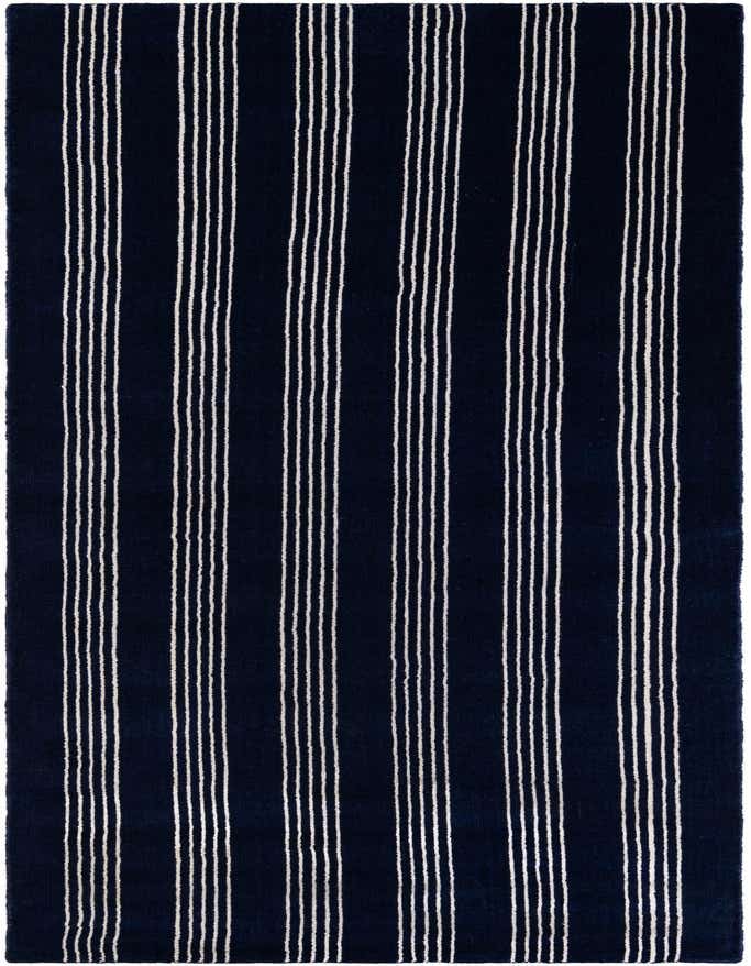 A 10 ft runner rug in cobalt blue with a modern vertical stripe pattern, made from wool and cotton.