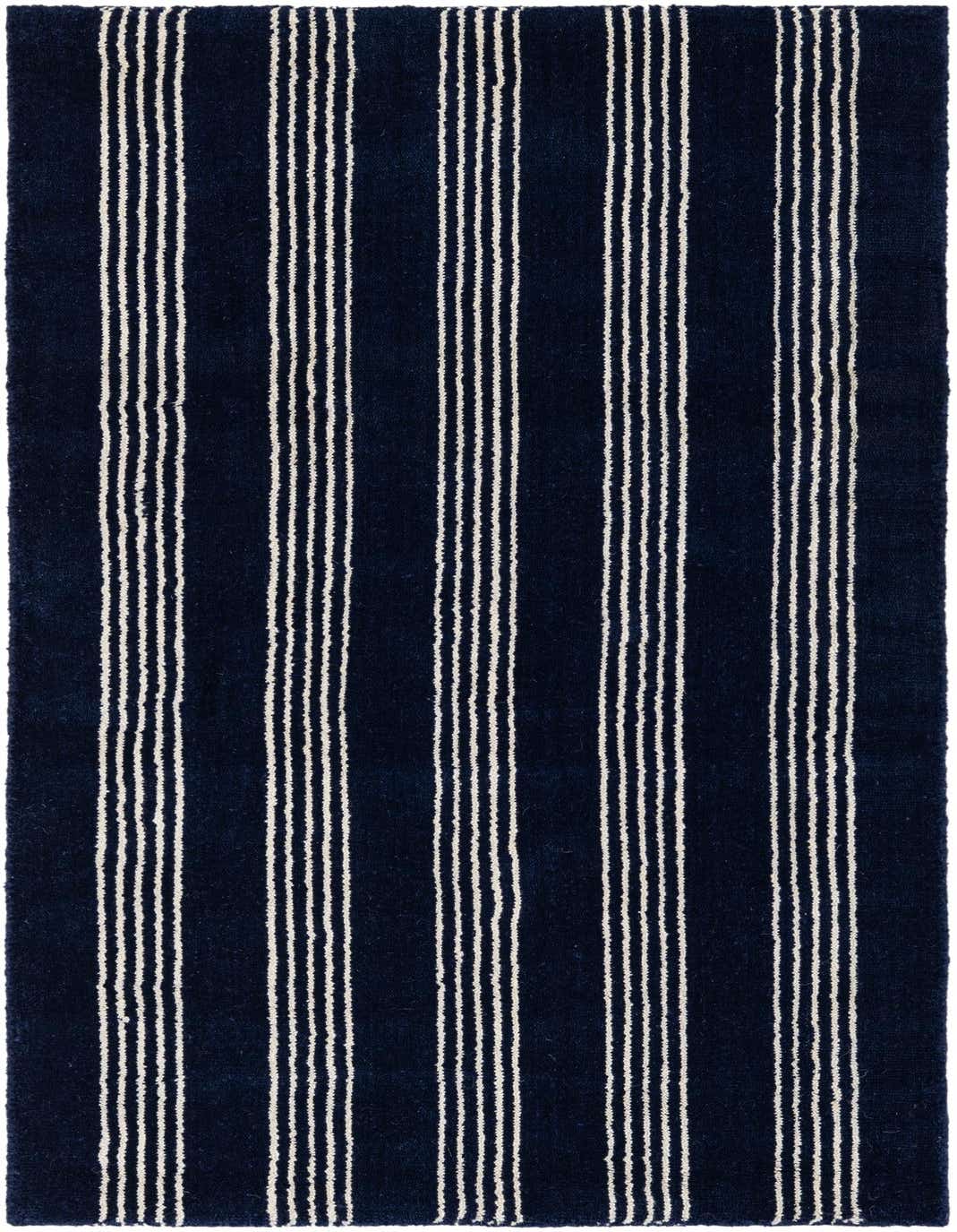 A 4 ft runner rug featuring a modern stripe pattern in deep cobalt blue with thin white vertical stripes.