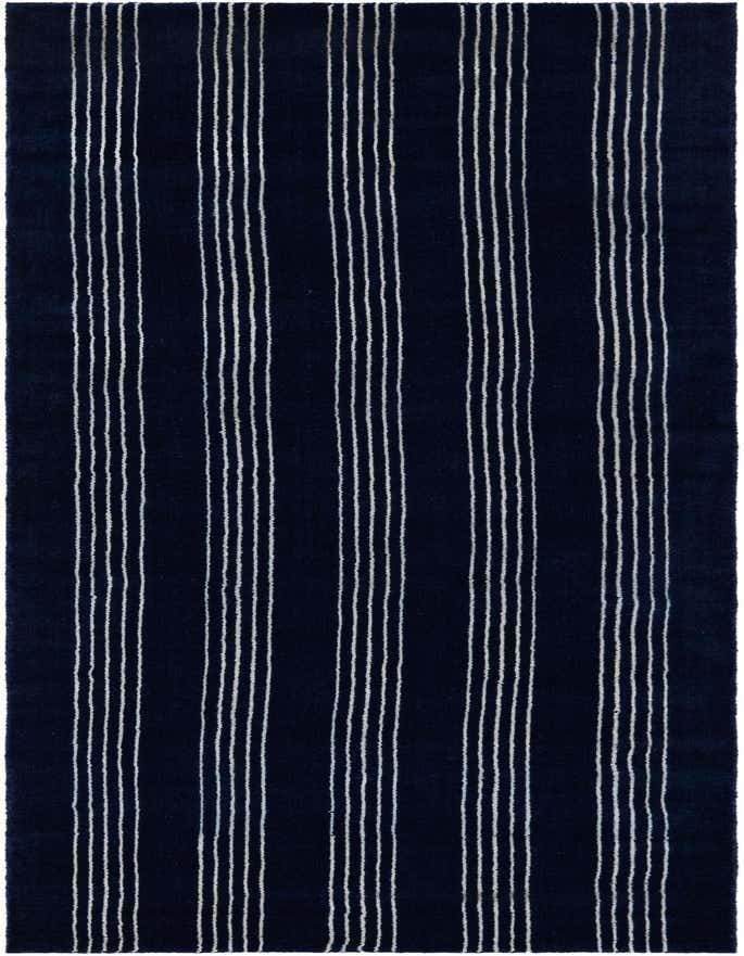 A handmade 8 Ft runner rug in deep cobalt blue with thin, vertical white stripes, ideal for a hallway.