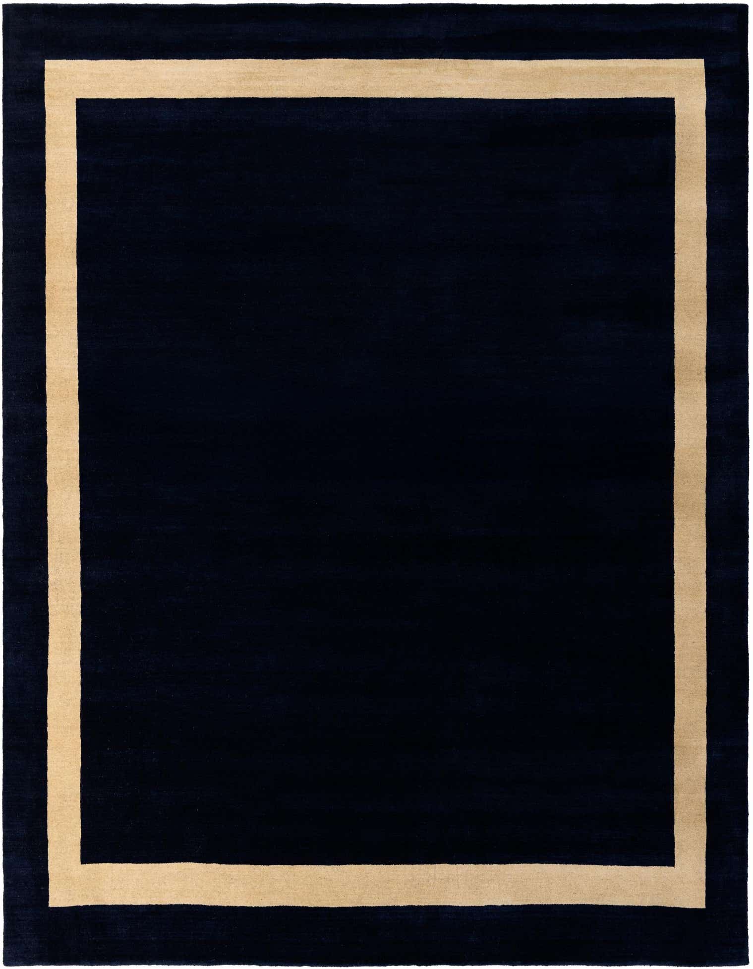A 10'x10' square cobalt blue wool rug with a clean, light beige border, suitable for a living room.