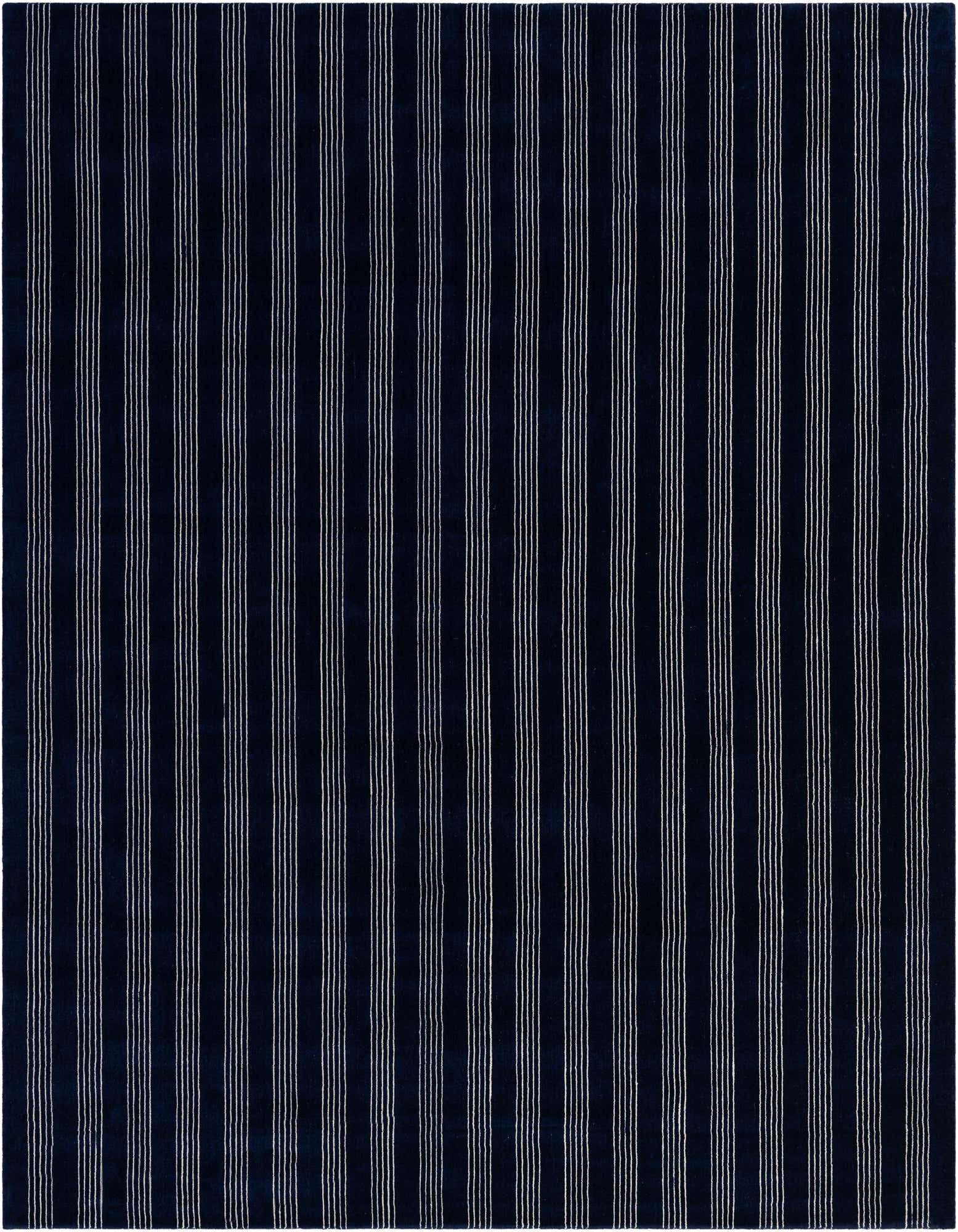 A 10'x10' square cobalt blue rug with thin, evenly spaced white vertical stripes, perfect for a modern living room.