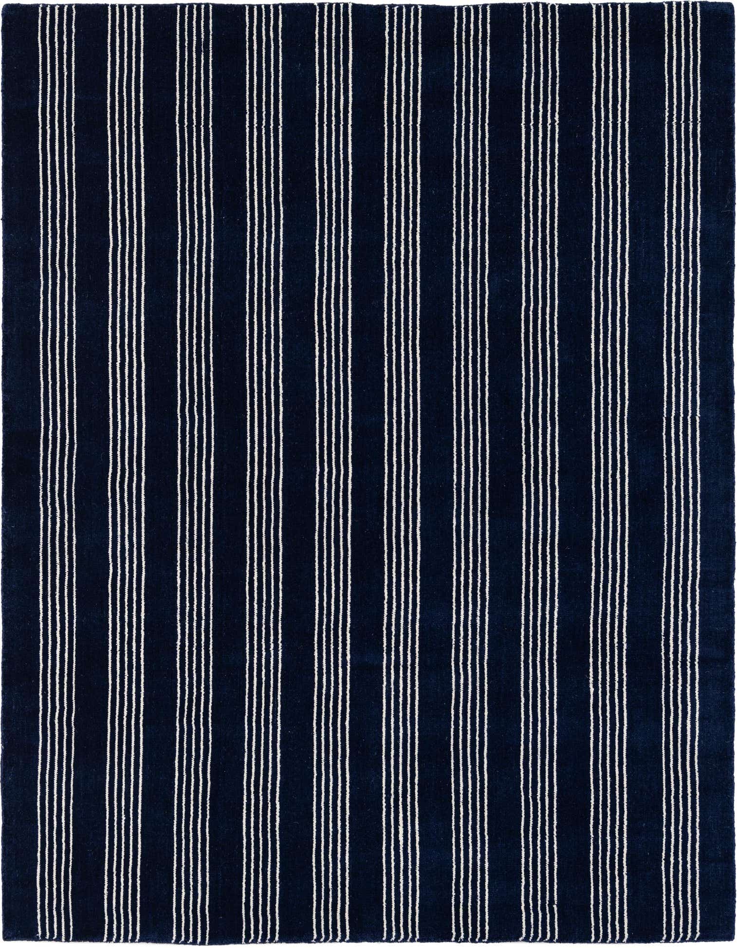 A square 5' 1 x 5' 1 Cobalt Blue rug with evenly spaced thin white vertical stripes, suitable for a modern indoor space.