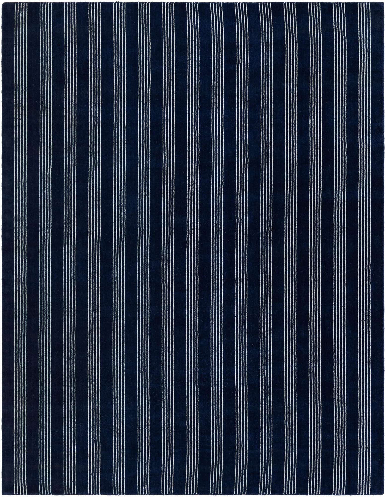 A square 7' 10 x 7' 10 Cobalt Blue area rug with thin white vertical stripes, suitable for an indoor space.