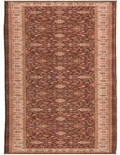 A 13 ft runner rug in traditional black and brown floral patterns, ideal for a hallway.