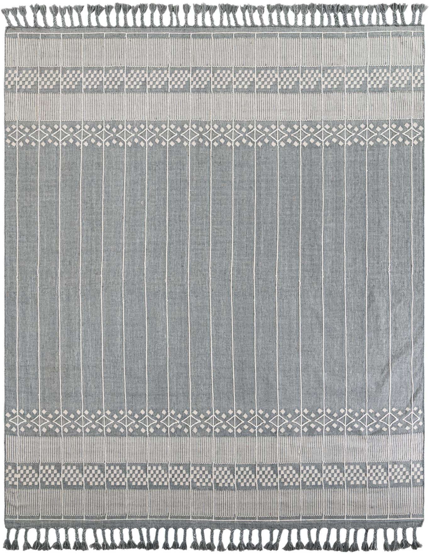 A 10x14 rectangular gray and white Eco Bohemian rug with stripes and geometric patterns, featuring tassels.
