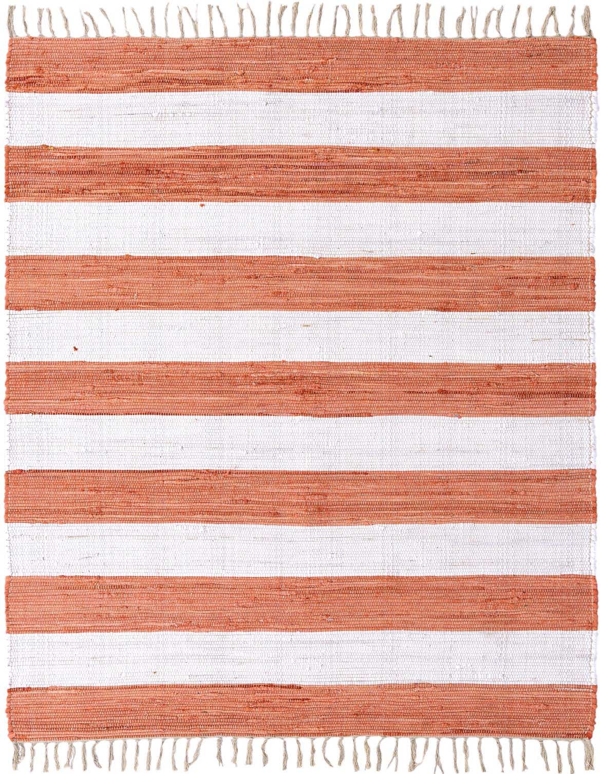 A 5x8 rectangular Chindi Rag rug with thick horizontal stripes in alternating ivory and coral orange, featuring a flatweave texture and fringe.