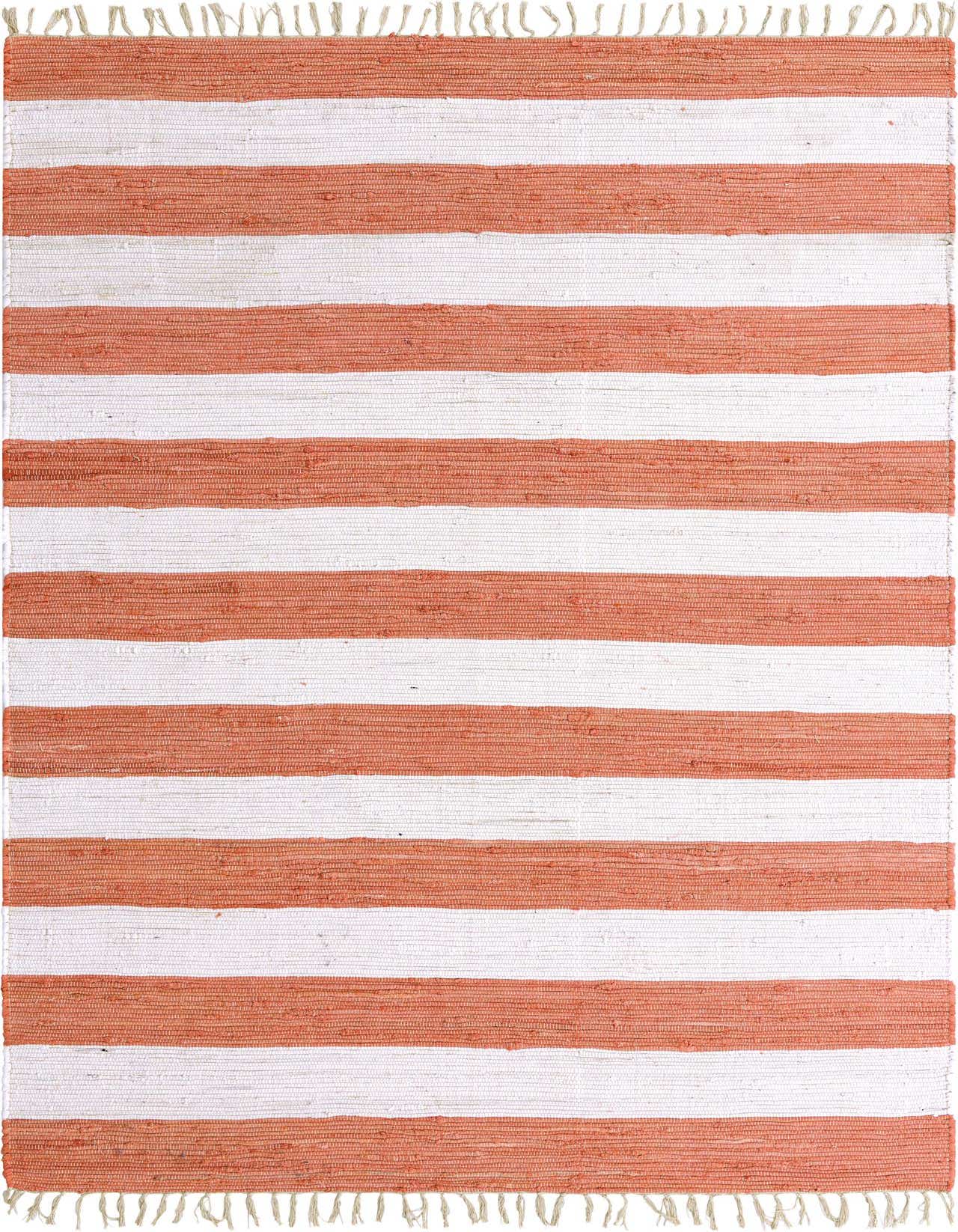A 6x9 rectangular Chindi Rag rug featuring bold horizontal stripes in ivory and orange, with fringed ends.