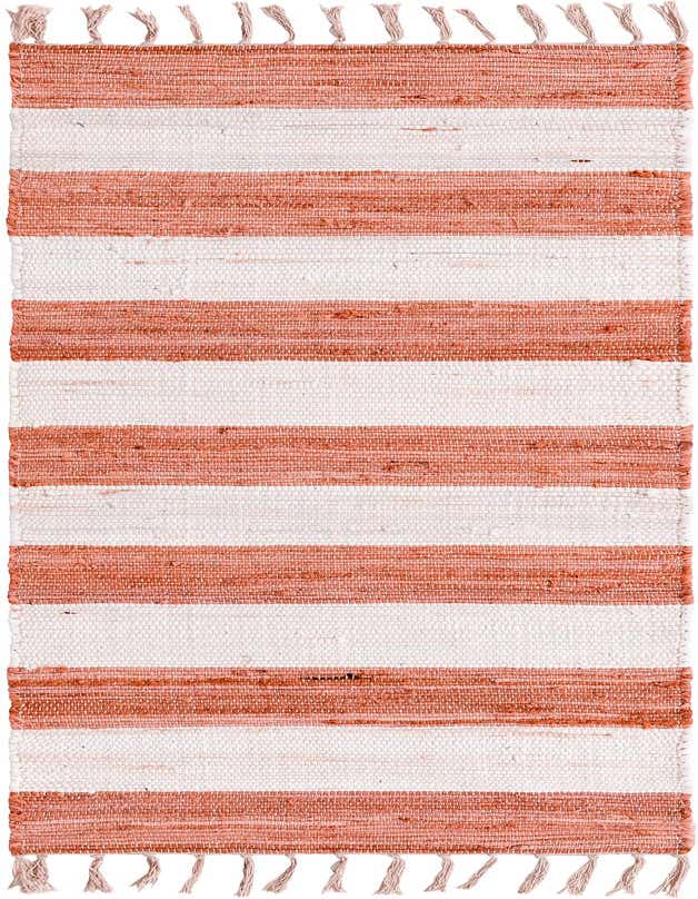 A 6 ft runner rug with alternating horizontal stripes of ivory and various shades of orange and pink, featuring visible texture and fringed ends.