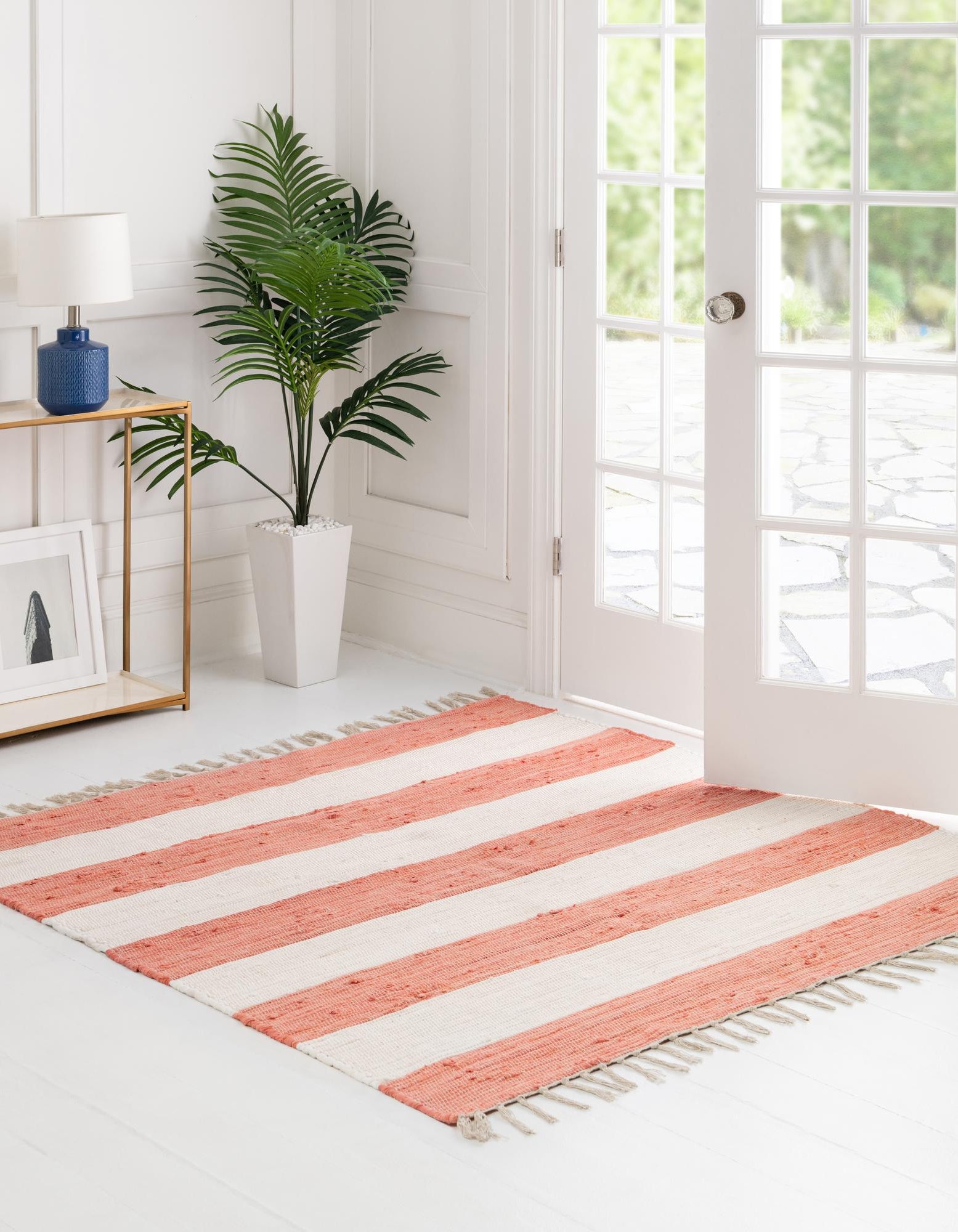 Coral and Ivory 7' 10 x 7' 10 Hand Woven Chindi Rag Square Rug | Rugs.com