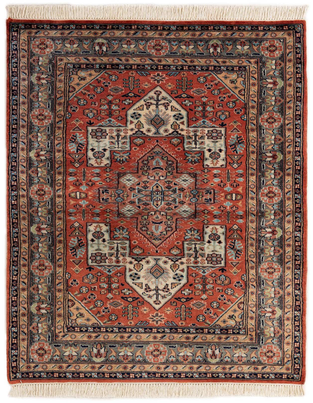 A 4x6 rectangular Bokhara rug with a traditional tribal medallion pattern in shades of orange, pink, blue, and cream, featuring a detailed border and fringe.