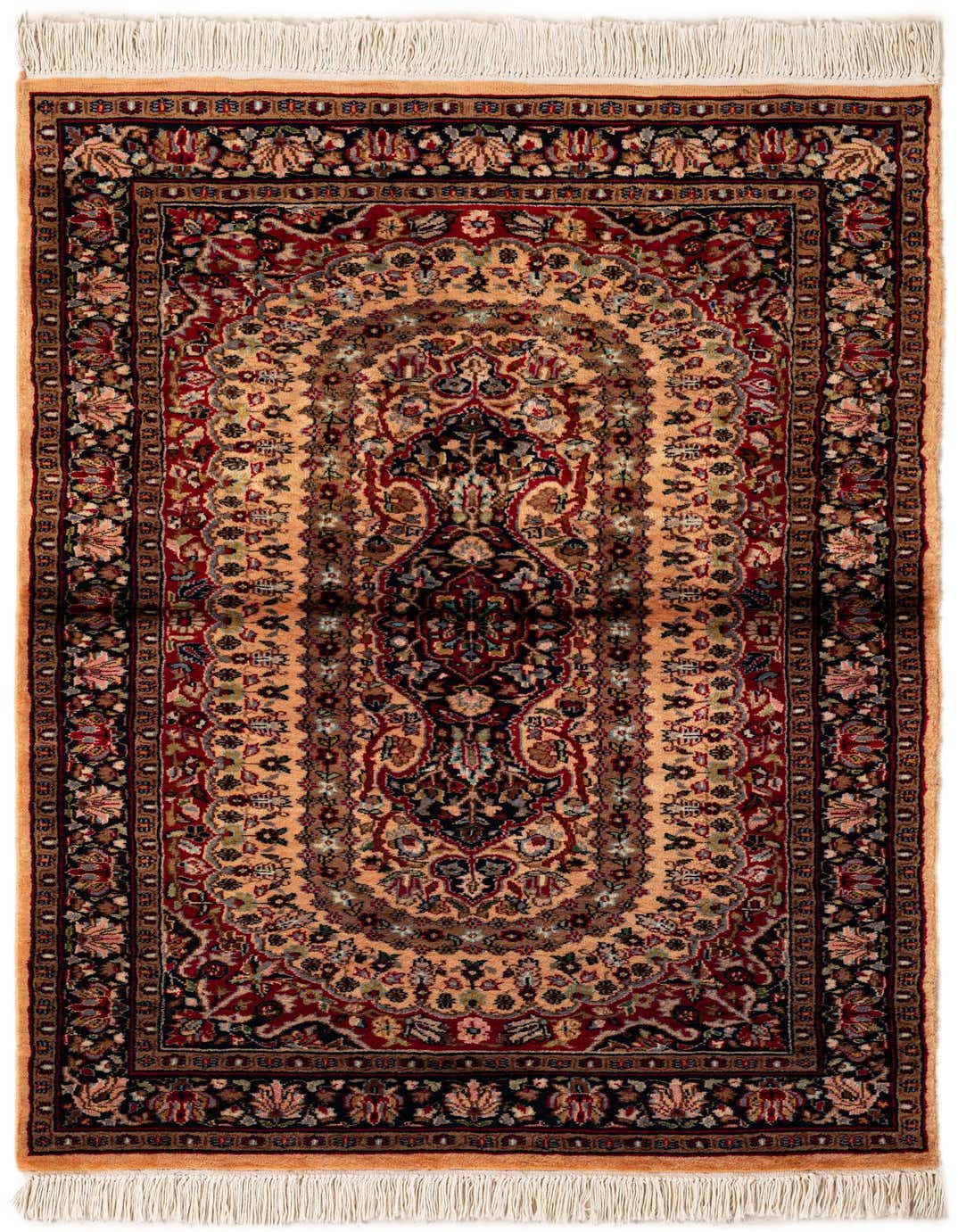 A 3x5 rectangular Bokhara rug featuring a traditional medallion pattern in oranges, pinks, and deep blues with fringe.