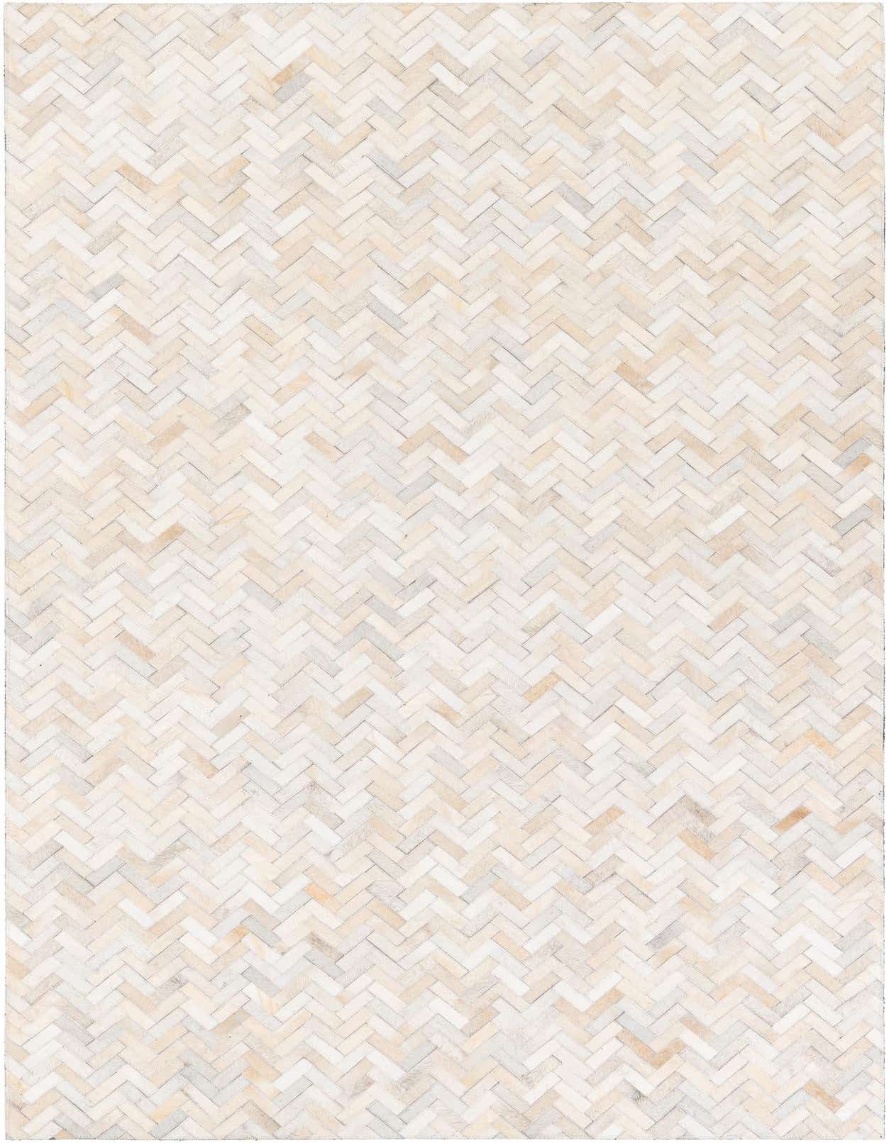 A 5x8 rectangular Cowhide Stocks rug by Rugs.com, featuring a modern herringbone pattern in varied oranges and pinks, ideal for a living room.