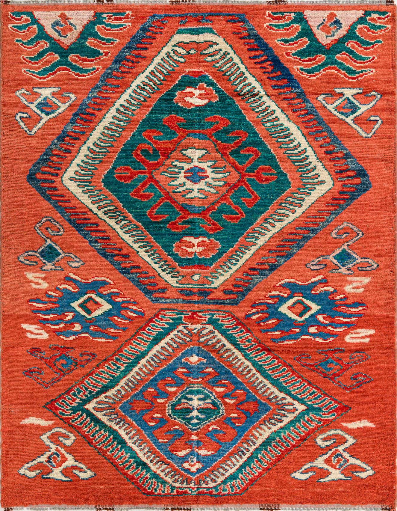 A vibrant 5x8 rectangular Darya rug with a high pile, featuring large orange, teal, and blue traditional geometric patterns.