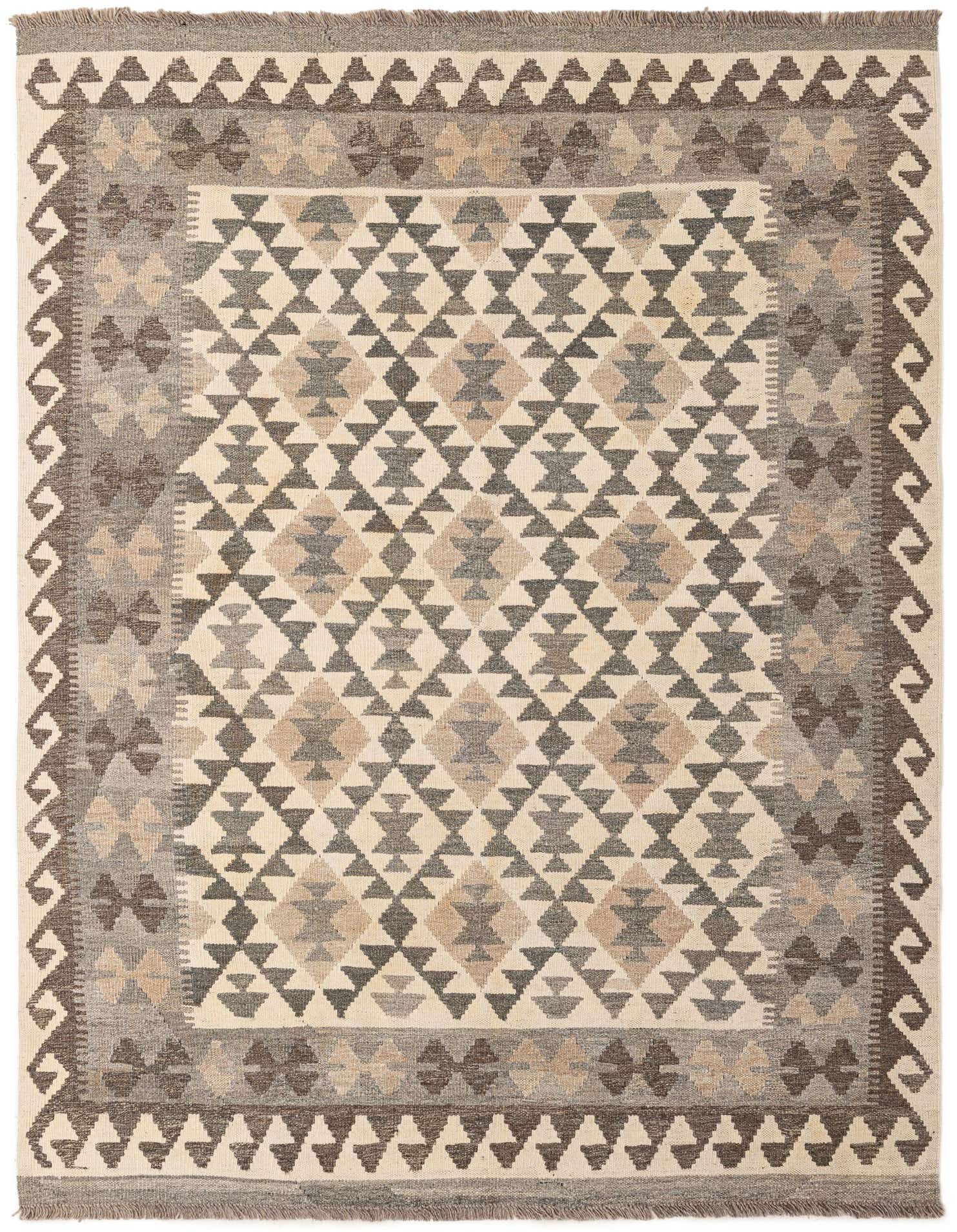 A 5x7 rectangular Kilim Maymana rug with a tribal geometric pattern in shades of orange, pink, and cream.