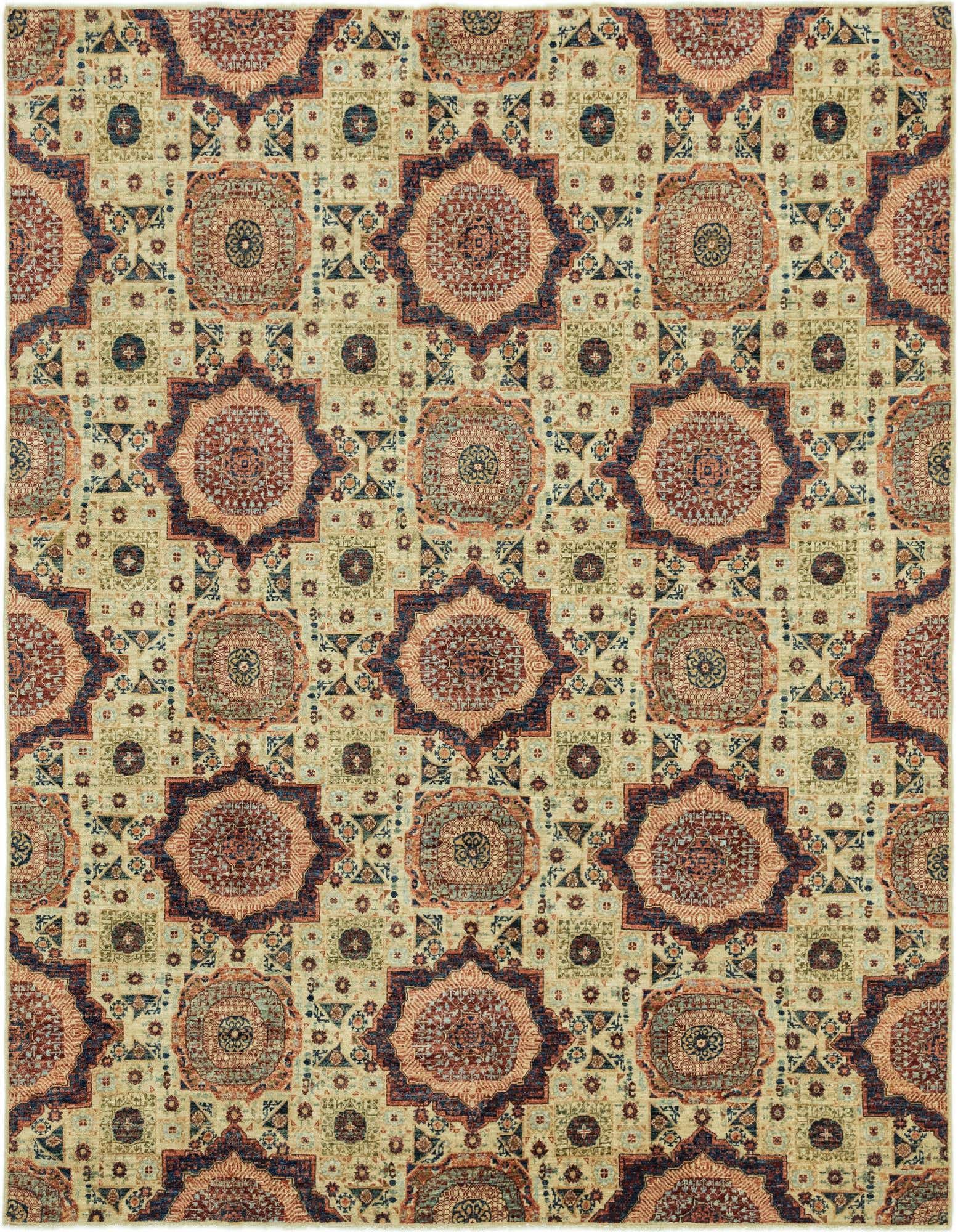A rectangular 8x10 Mamluk Ziegler rug featuring a Southwestern and Oriental pattern in oranges, pinks, and blues on a light background.