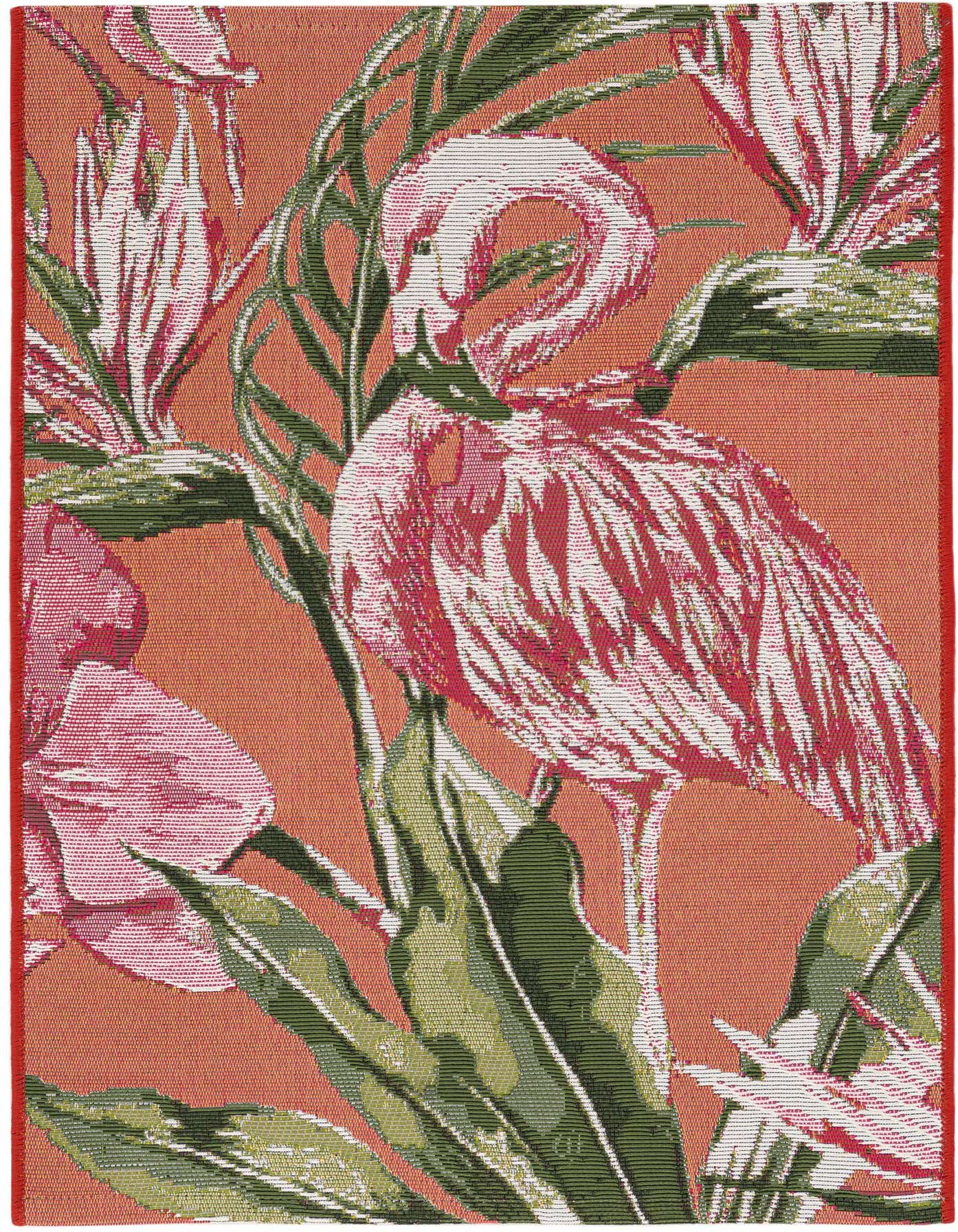 A 2x3 rectangular orange rug featuring a modern botanical pattern with pink flamingos and green tropical leaves.