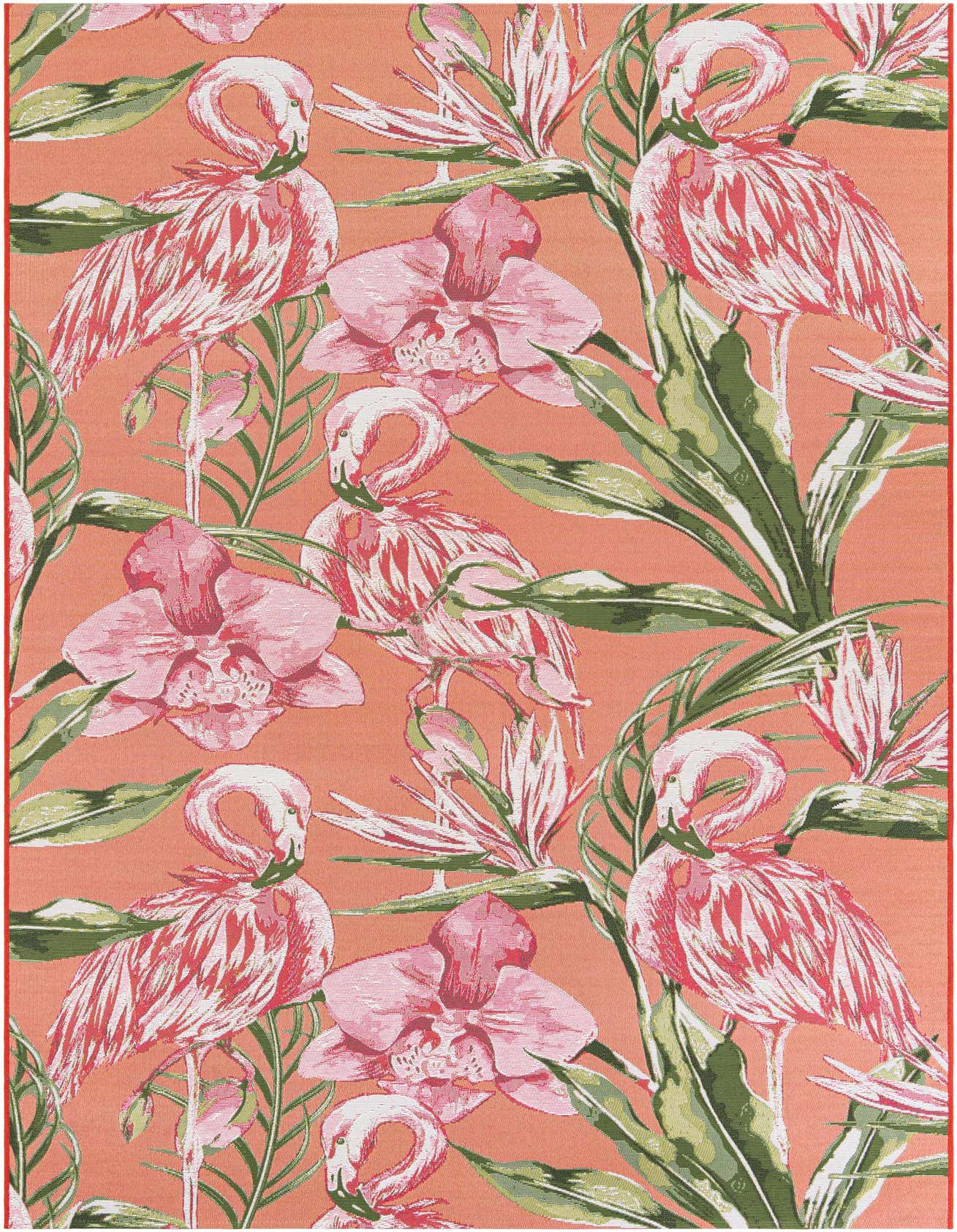 A 6x9 rectangular rug featuring a vibrant modern floral pattern with pink flamingos, orchids, and green leaves on an orange background.