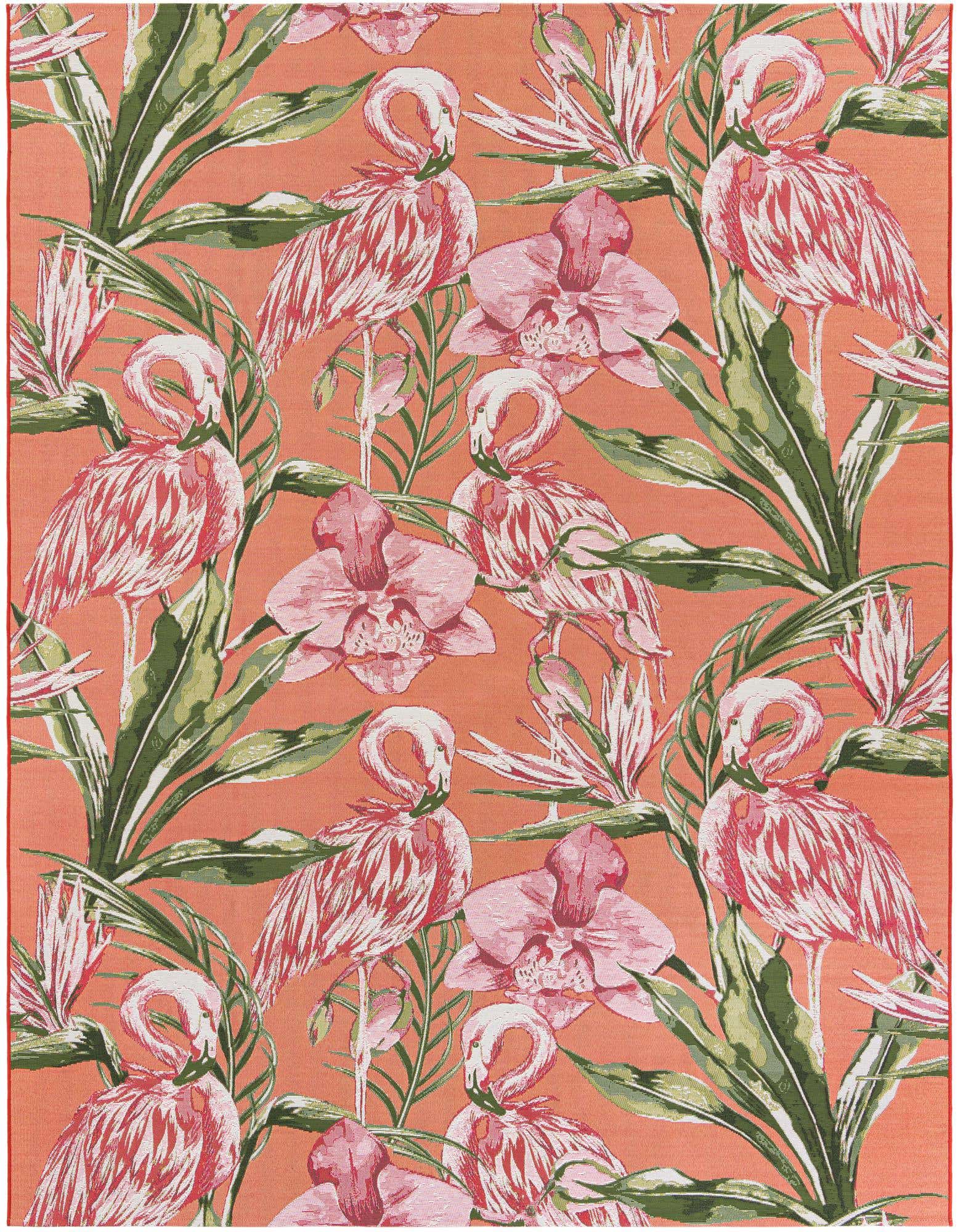 8x10 rectangular indoor/outdoor rug with a vibrant coral background, featuring pink flamingos, green tropical leaves, and pink orchid flowers.